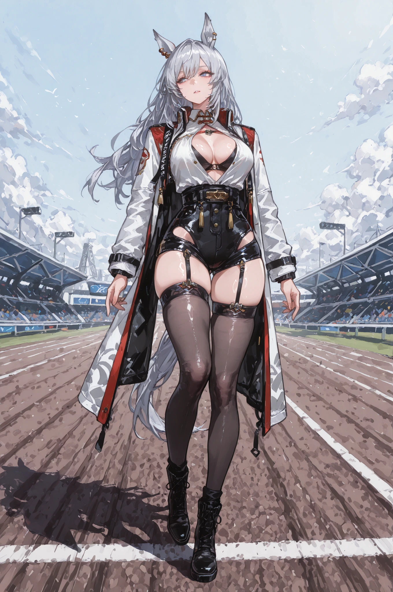 lawnの上、racecourse、緑のlawn、新緑のlawn、、Yee Xuan、Collapse Starrail、Racecourse、Uma Musume、horse ear、Jirio Mahonoko、 A sophisticated eye 、Full Body、GBF_style、748cm style for bigi、32K、semi-realistic、  super detailed description on the front 、art work、Original Work、 Detailed Color、 detailed eyes、 detailed face 、Detailed Eyes、detailed eyes、Exquisite eyes, The best傑作、professional job、Beautiful , Lots of Piercings, pop art, shiny skin, realistic skin, The best, long hair, blue eyes,    cool look, narrowed her eyes, viewers, Silver Hair、lawn、Racecourse、Turf、Race Course 、dynamic pose 、緑のlawn,Racecourse、lawn、Black Knee Socks、緑のlawn、black hotpants、black hotpants、black tights、lawnの上、frustrated、Three-quarter sleeves、3/4 sleeve long coat、Red and white coat 、red and white two-tone coat、Garter Belt for One Leg、Yee Xuan、open  clothes、black long boots、tall woman、adult woman