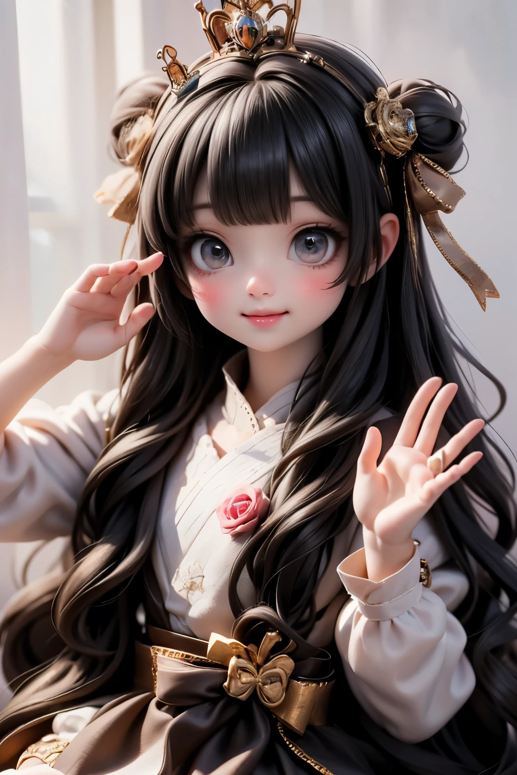 An adorable kawaii-style cute lady smiling sitting on a throne made of chocolate bars and gummy bears, wearing a royal candy crown and waving to invisible fans.