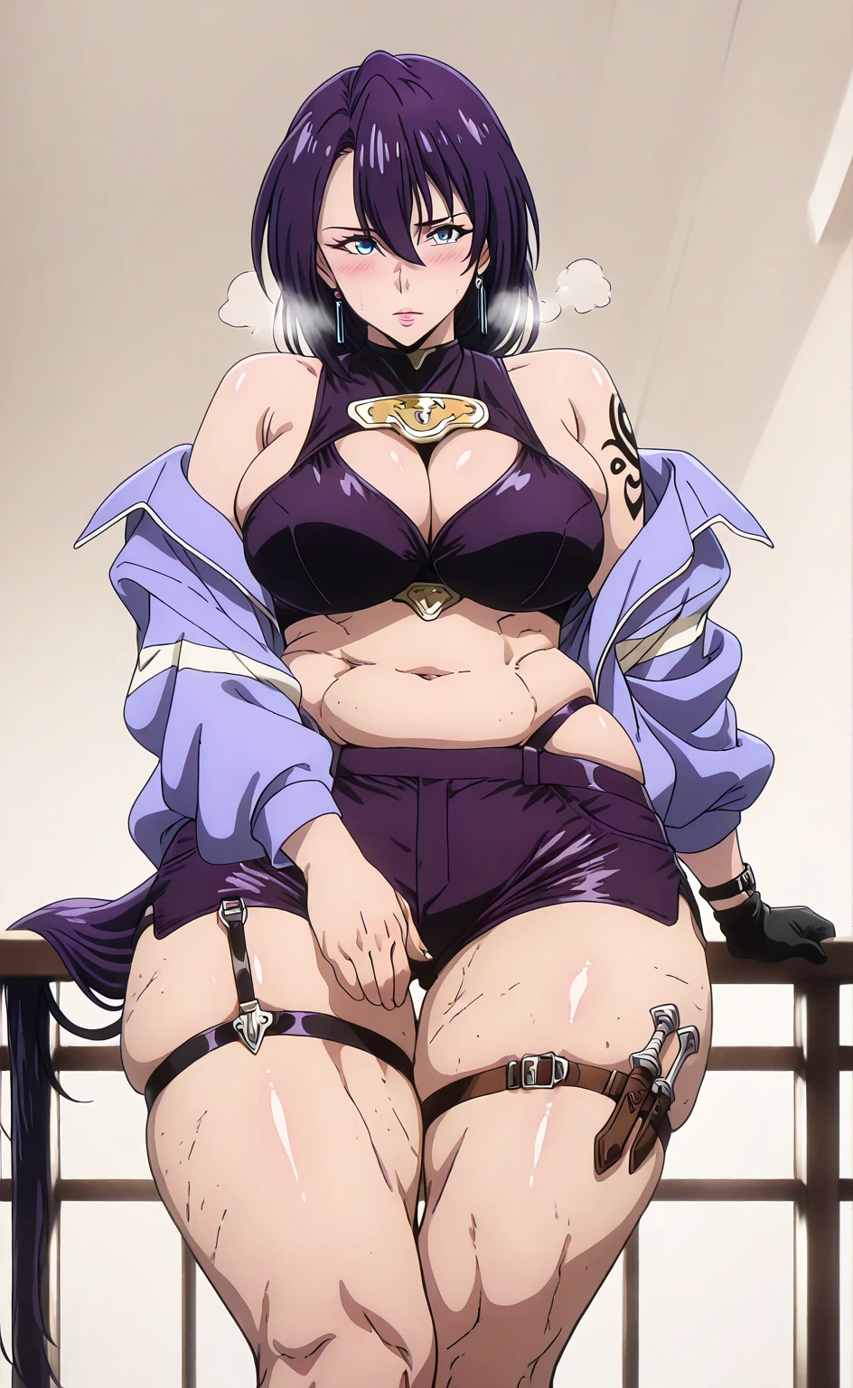 L_Cation2, Babu-style, Hgk, (jeneral-style:1.2), (kagematsuri-style:1.2), (saintshiro-style:1.4), (suou-sensei-style:1.3), (anime coloring, anime screencap), shiny skin, (voluptuous body:1.4), (mature female:1.4), (cellulite:1.3), ((anatomical correct)), ((newest, high quality, perfect composition, eye-catching, UHD, cinematic, masterpiece)), perfect body, perfect eyes, perfect fingers, gasping, heavy breathing, gasping profusely, ((skindentation)), ((curvy, thigh gap)), arthur pencilgon, long hair, blue eyes, hair between eyes, very long hair, purple hair, long eyelashes, plump, 1girl, breasts, solo, thighs, gloves, thick_thighs, navel, jacket, looking_at_viewer, thigh_strap, blush, tattoo, single_glove, shorts, cleavage, midriff, bare_shoulders, black_gloves, railing