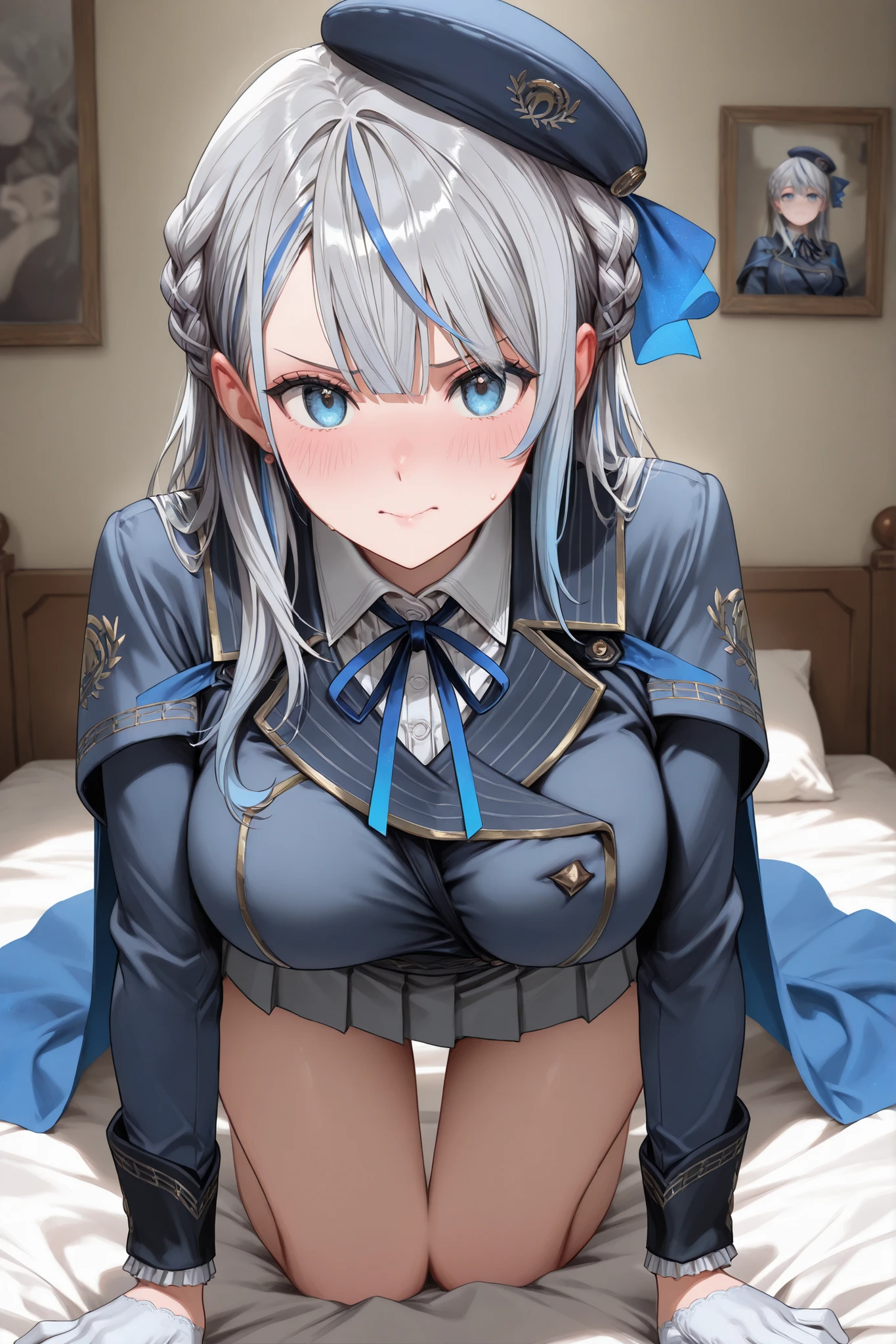 High Quality, masterpiece, very detailed, detailed skin, Anime pictures , original art, 1 Girl, solo, You have something.? , long hair under underwear, striped hair, gray hair, braids, beret, blue hat, earrings, blue eyes, blue cape, neck ribbon, collared shirt, Blue Jacket, long sleeve, white gloves, pleated skirt, gray skirt, shy face, on bed, Love My Breasts, Sensual Poses On All Fours, Viewers Are Babies, Let Them Suck Their Nipples, Anatomically accurate chest , bust up、I'm staring at the viewer