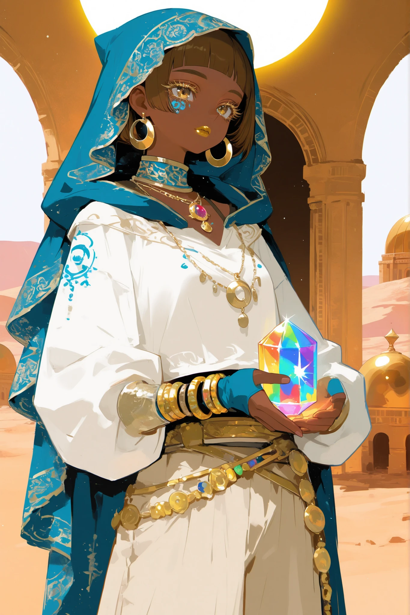 (0__11Xx_illu,duobaan,) The sorceress is a jeweler, a master of artifacts.  She has tanned dark skin covered with ornate blue tattoos. She has dark-brown shorty haircut ((boy's crewcut)) with a copper sheen. She has golden lips, bronze eyes and long dramatic eyelashes. She wears a desert outfit :a white-yellow-brown sandy-shade loose-fitting shirt with long sleeves, loose-fitting trousers, over which she wears a sky-blue desert robe with hood, and a sky-blue turban with veil. She has golden crescent moon pendants with multicolored gems on her clothes.  She wears a set of gold bracelets on her wrists and has pendant hoop earrings. She holds a large crystal amulet with a rainbow stone in her hands. she has paired curved arabian swords. ((IN the background:A desert landscape in which stands an ivory Arab tower with a golden dome.))