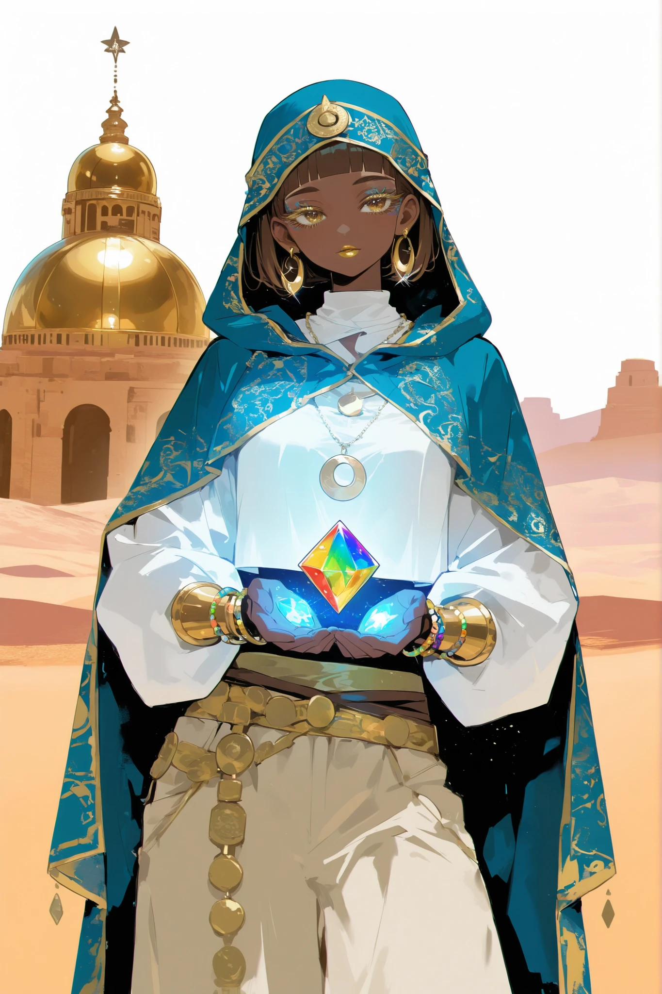 (0__11Xx_illu,duobaan,) The sorceress is a jeweler, a master of artifacts.  She has tanned dark skin covered with ornate blue tattoos. She has dark-brown shorty haircut ((boy's crewcut)) with a copper sheen. She has golden lips, bronze eyes and long dramatic eyelashes. She wears a desert outfit :a white-yellow-brown sandy-shade loose-fitting shirt with long sleeves, loose-fitting trousers, over which she wears a sky-blue desert robe with hood, and a sky-blue turban with veil. She has golden crescent moon pendants with multicolored gems on her clothes.  She wears a set of gold bracelets on her wrists and has pendant hoop earrings. She holds a large crystal amulet with a rainbow stone in her hands. she has paired curved arabian swords. ((IN the background:A desert landscape in which stands an ivory Arab tower with a golden dome.))