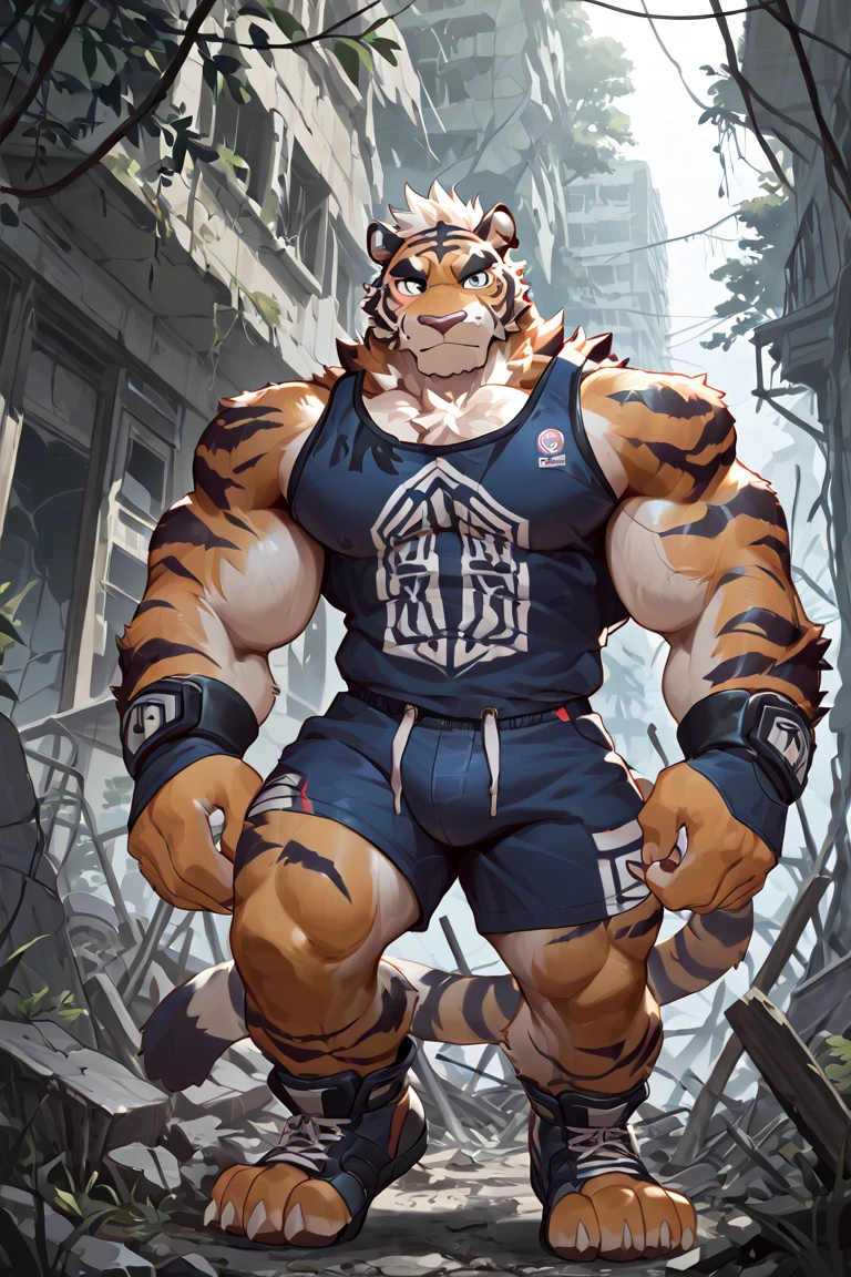 masterpiece, best quality, 8k resolution, Very detailed, hairy，tiger，Red hair，muscle，Strong，超大muscle，((sweat))(Purple Eyes)，For the audience，(((blush)))，portrait，(((Bulging buttocks)))，Highest quality scenes，solitary，solitary，Entrance，(((Courier)))，(((shame)))，((Heavy sweating)),Meituan takeaway，shorts,(((Transparent clothes)))