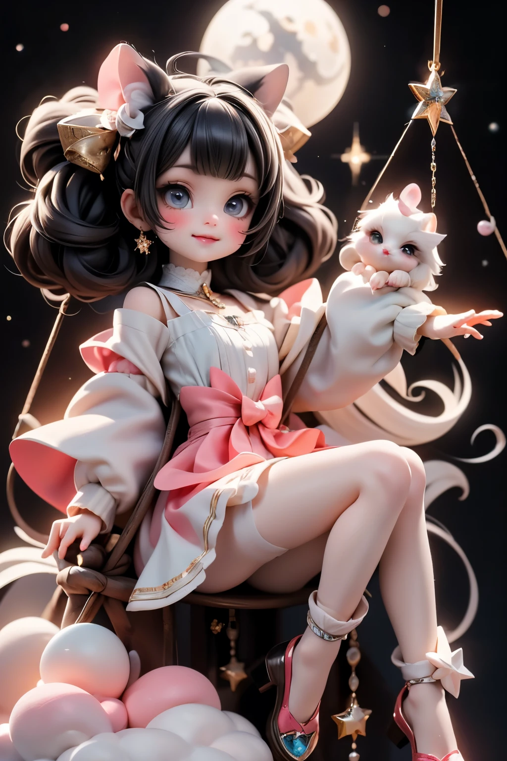 An adorable kawaii-style cute Señorita Bonita smiling balancing on a cloud swing, with a background of glowing moons and candy stars. Her outfit sparkles with stardust.