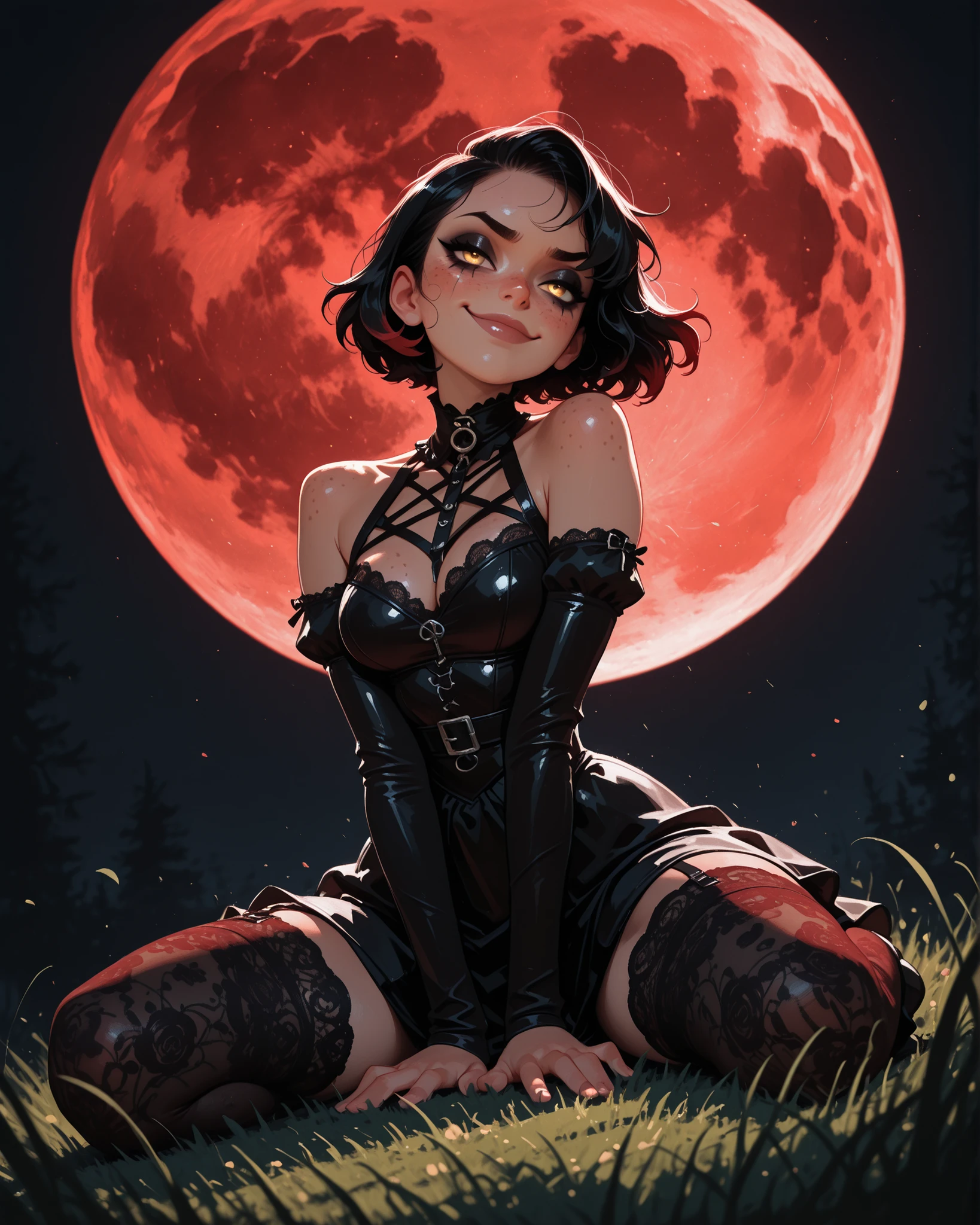 cartoon style, masterpiece, the best quality, good quality, very aesthetic, extremely high resolution, newest, 8K, 1girl, Alone, Black hair with red tips, short hair ,wavy hair, very short hair on one side , freckles on the face, very bright golden eyes, gothic makeup, smug face, gothic dress, bare shoulders, lace stockings, medium breasts, seductive face, perfect anatomy, looking at the spectator, sitting on the grass, dynamic angle, dynamic posture, big red full moon