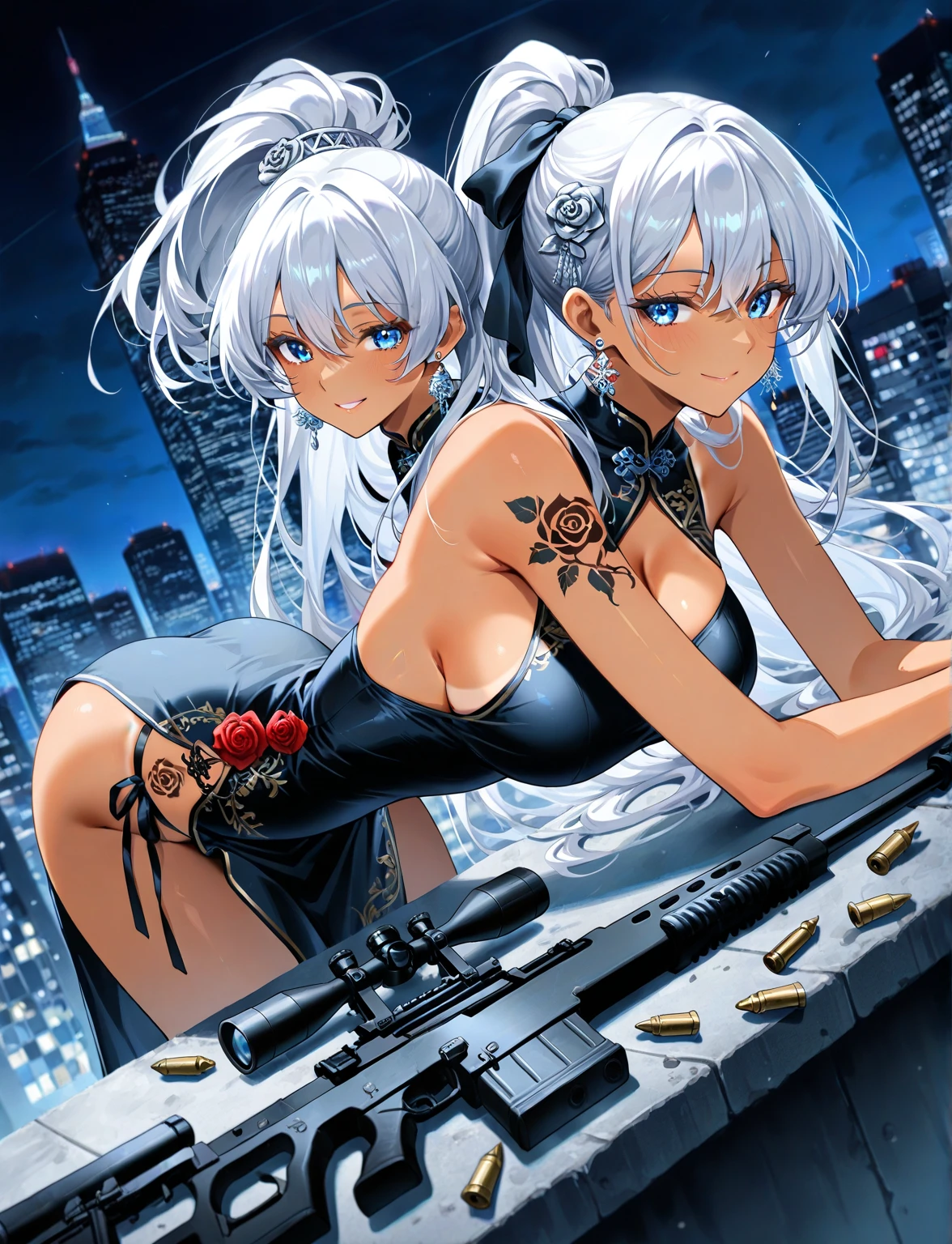 playboy bunny, gun, leotard, pantyhose, animal ears, solo, black leotard, long hair, brown hair, rabbit ears, bowtie, dark skin, dark-skinned female, bow, detached collar, rifle, wrist cuffs, strapless leotard, holding gun, holding, fake animal ears, very long hair, yellow eyes, strapless, bangs, black bow,mature female,shiny,shiny skin,huge breasts,noir \(nikke\)