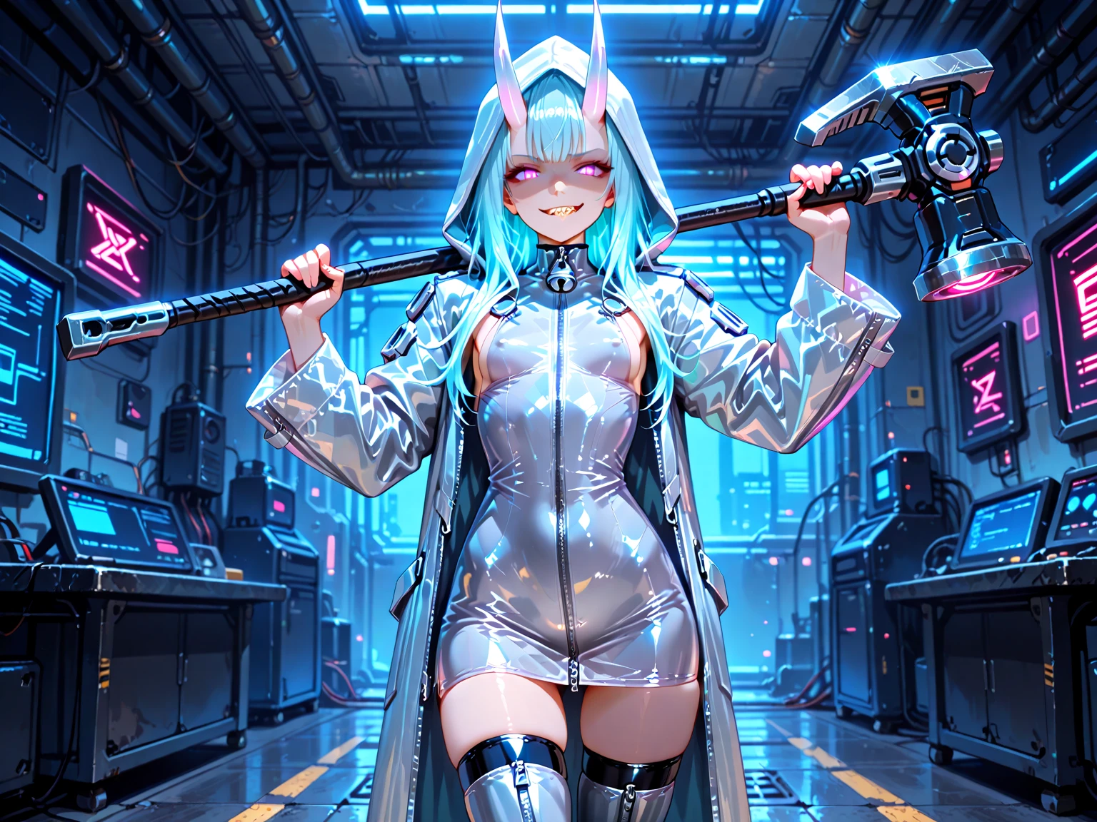   girl ,girl 12 year old  , mechanical face , futuristic nun dress ,flat  chest ,long brown hair frinje ,( body), mechanic-headband, purple leds ,purple  light auréola,   quality, 8k ,nun uniform , Cyborg arms. Mechanical Limbs Metal,  Mechanical legs .Power cablles conected in machine. Circuitos , praying. 