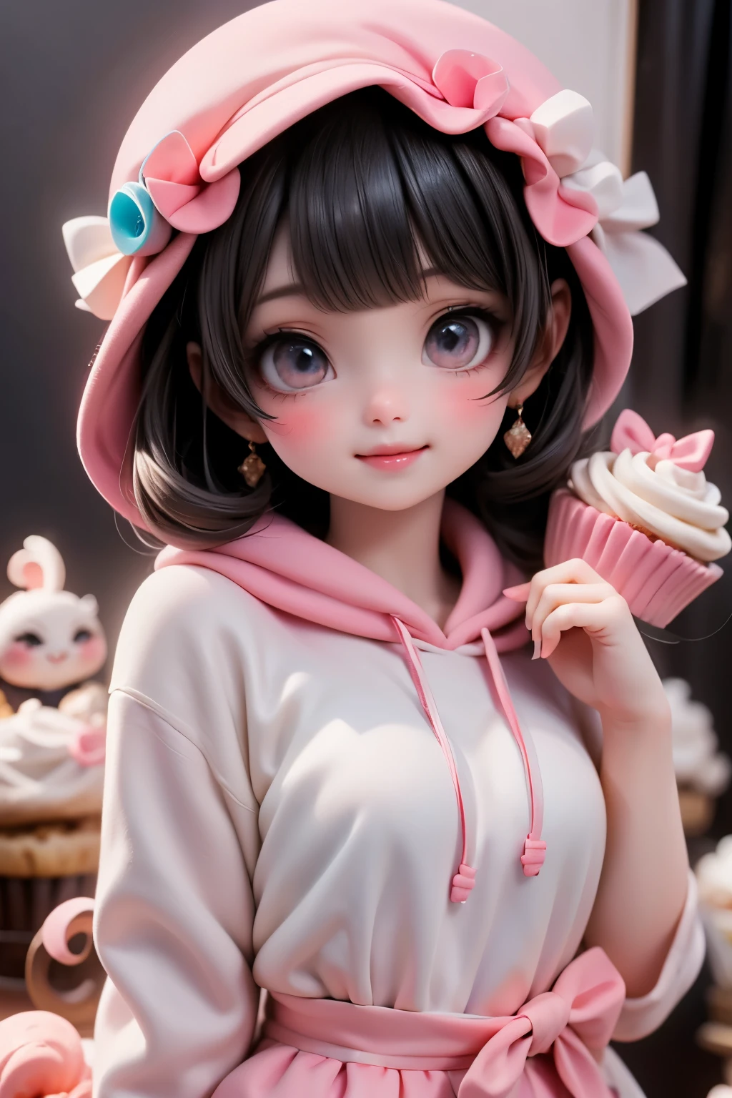 An adorable kawaii-style cute Señorita Bonita smiling peeking out from behind a giant cupcake, dressed in a sprinkle-covered hoodie and surrounded by smiling candy creatures.