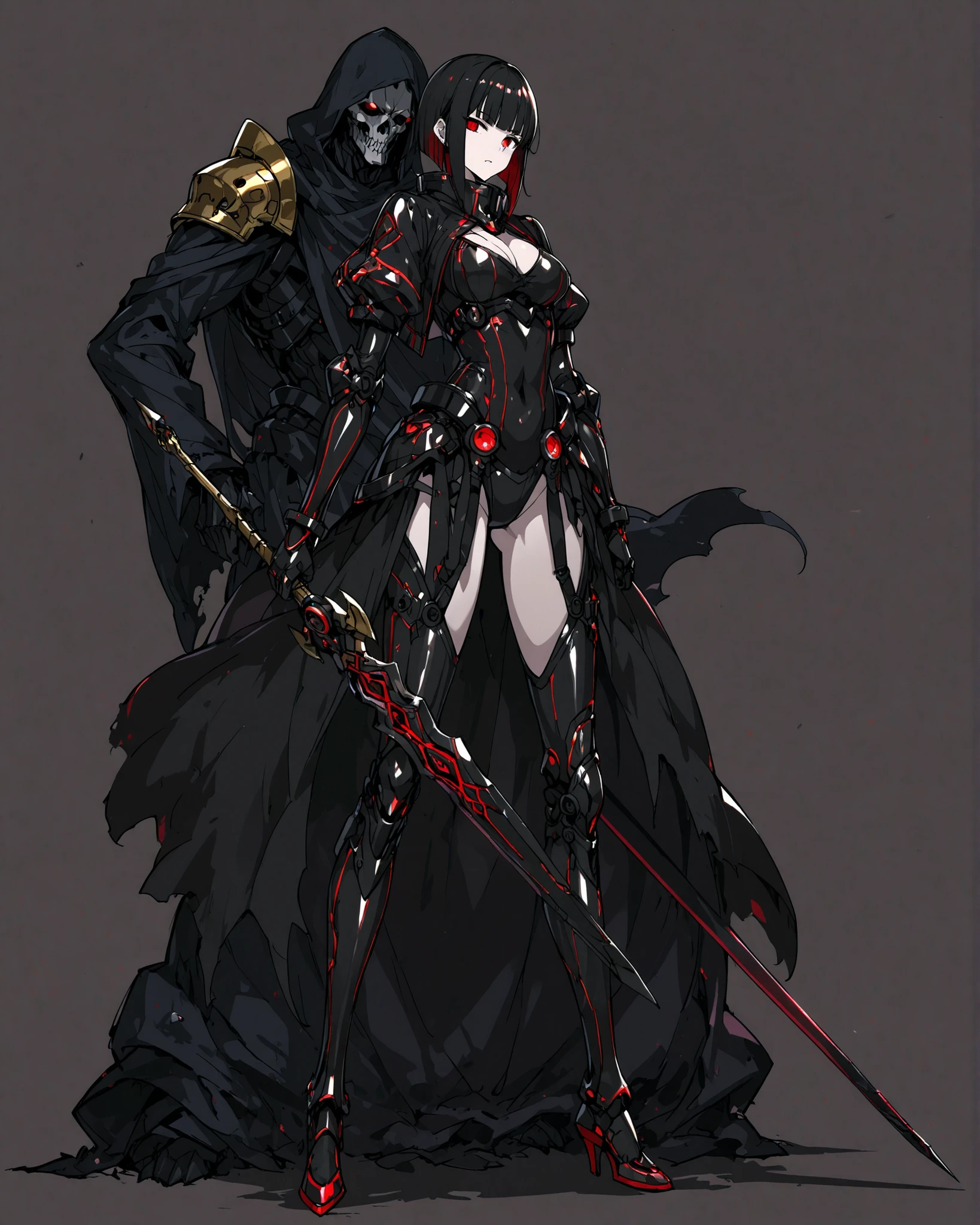 masterpiece、Highest Quality、Detailed picture、mecha cybergoth lolly, is very tall, Long Legs , Bob, black hair, gold and red in her armor, Grim Reaper in her hand. dynamic pose. catacomb background.