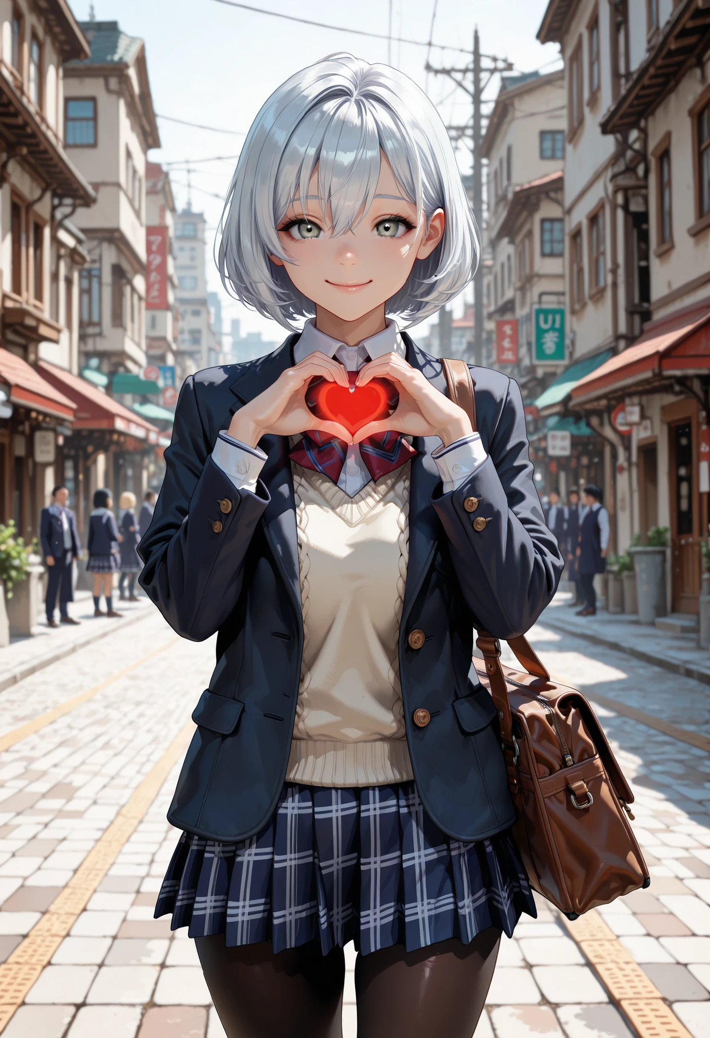 (From back:1.2), cowboy shot, masterpiece, best quality, amazing quality, very aesthetic, high resolution, ultra-detailed, absurdres, newest, scenery, BREAK, depth of field, volumetric lighting, (masterpiece, best quality, absurdres, detailed,perfect quality, amazing quality, very aesthetic, absurdres, newest, ultra-detailed:1.2), extremely detailed, modern, very awa, crisp, sharp, beautiful eyes, fine textures, clean skin, 1girl, 18yo, BREAK ((silver hair:1.5),bob cut, bang between eyes), ((glossy silver eyes:1.5)), (cute eyes, tareme, twinkle eyes), (large breasts), cute face, beautiful face, pretty face, beautiful, good anatomy, long eyelashes, expressive eyes, Perfect Hands, happy, one eye close, smile, glossy lips, perfecteyes, BREAK 1girl, (wearing a black coat over a blazer and knit vest style school uniform:1.5), two-piece layered tops, (wear a navy blazer jacket) over a (white collared-shirt:0.5), Layering, separating a long sleeved navy blazer jacket and white collared-shirt, (outerwear is navy blazer jacket), navy long sleeves, innerwear is white collar exposed from V-neckline, outer jacket is navy, (white collared-shirt:0.5) with big red ribbon bow on neck, only exposed dark-navy plaid skirt-hem, navy pleated mini skirt, ((dark-brown pantyhose, loafers):1.2), brown loafers, BREAK 1girl, (holding one black school bag), BREAK 1girl, morning, sunny, street, daylight, a cute anime girl, (hands in heart pose:1.3), BREAK soft lighting, (masterpiece, best quality), (cute, 8K, perfect lighting, perfect anatomy), absurdres, (best quality), (ultra-detailed:1.2), high res, very aesthetic, ultra-detailed, cinematic, masterpiece, best quality, sharp outline, detailed eyes, high gradient eyes, high definition eyes