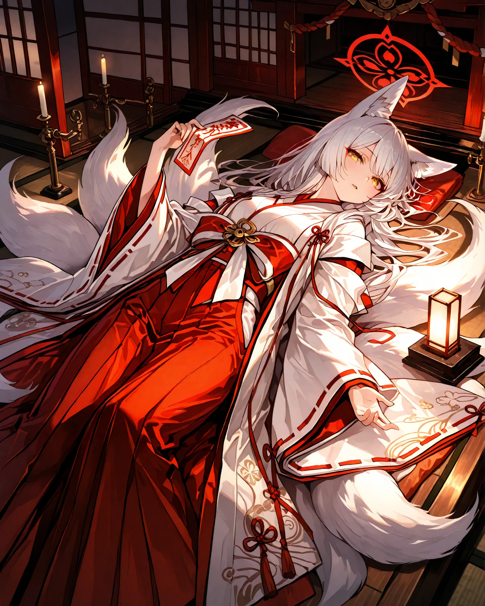 Highest Quality, masterpiece, 8K Wallpaper, White Fox Shrine Maiden, Holding a bill with one hand, spiritual power leaking from fingertips, white fur ears, Nine-Tailed Fox, Golden Eyes, Red and White Shrine Maiden Outfit, half-open lips, tie a prayer mark while lying down, inside an old shrine, candlestick light, mystical light emanating from hands, ethereal atmosphere, precise depiction of coat