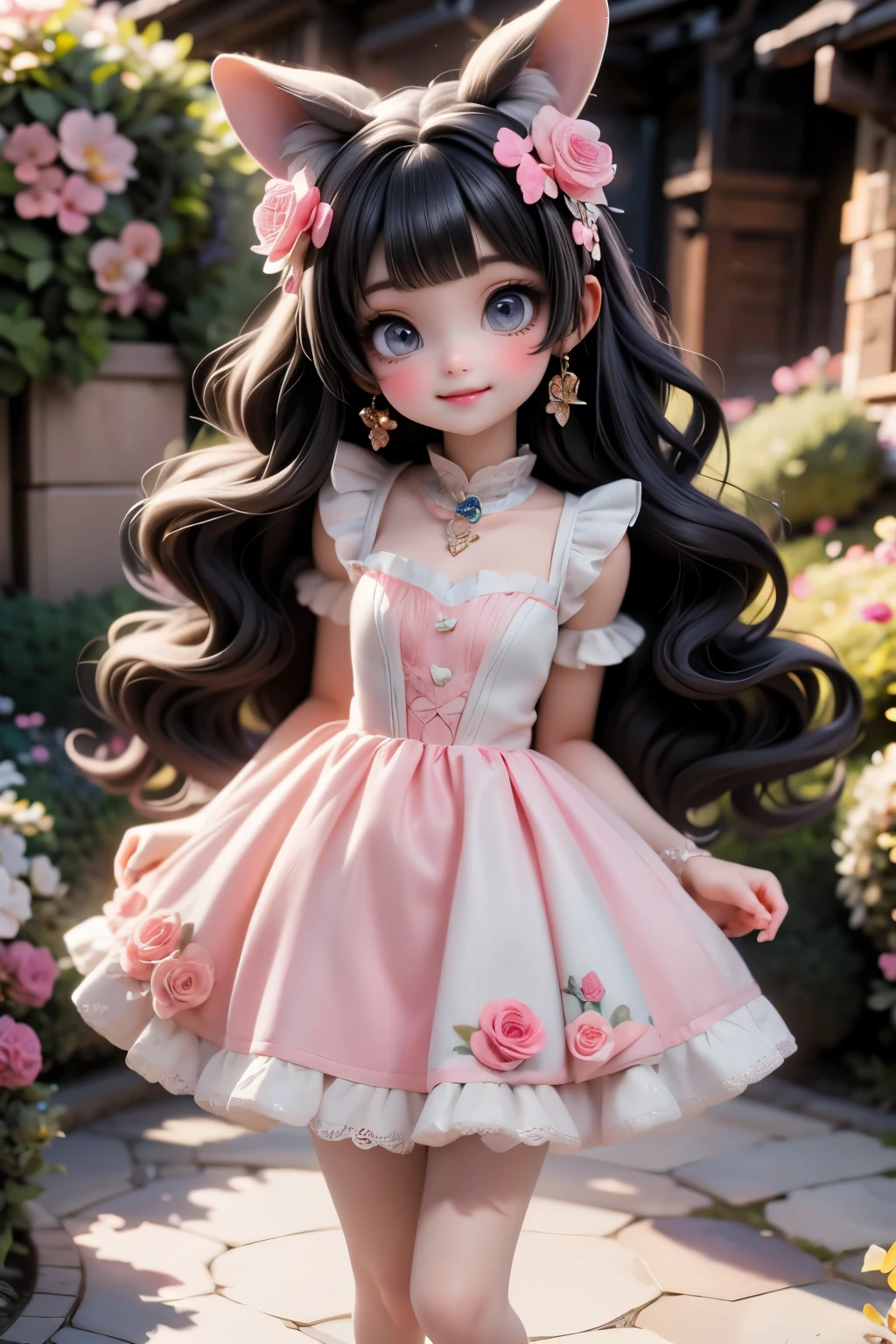 An adorable kawaii-style cute Señorita Bonita smiling walking through a magical garden where flowers bloom into candy and butterflies leave trails of sparkles. Her dress glows with soft magic.
