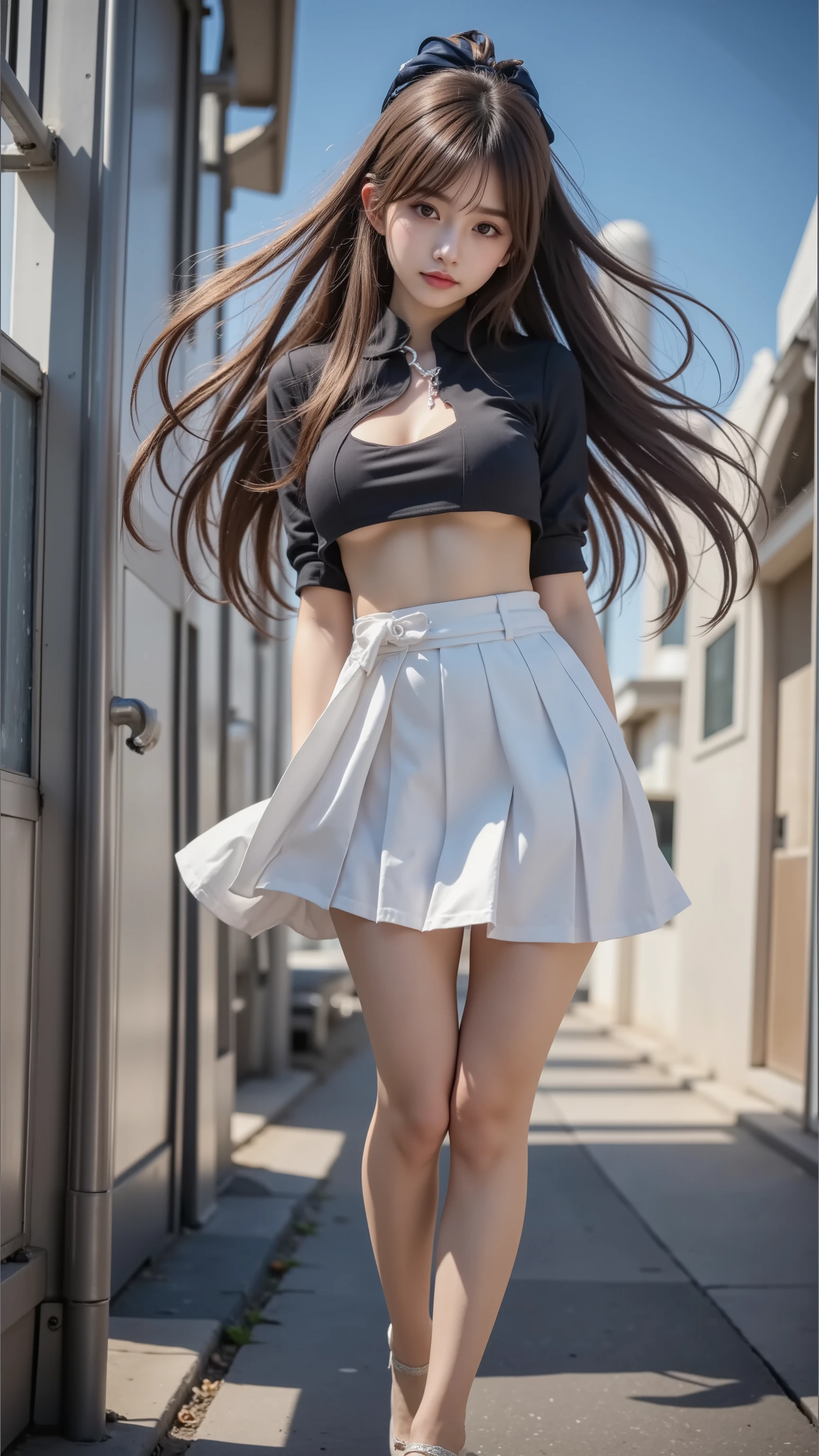 beautiful girl wearing skirt and crop top posing for a photo shoot, wearing white skirt, white skirt and barechest, anime girl in real life, sexy style, sexy outfit, photo of slim young female model, very sexy outfit, sexy :8, Open v-chested outfit, wearing a skirt, wearing long flowing clothes, white skirt, fashion model, beautiful thin short skirt, tight waist, ((big breasts:1.3, 魅惑的な下乳:1.5)), thin, high ponytail, Hair black bow, Highest Quality、best image quality、greatest masterpiece、realistic all over the t-shirt、Ultra High Definition