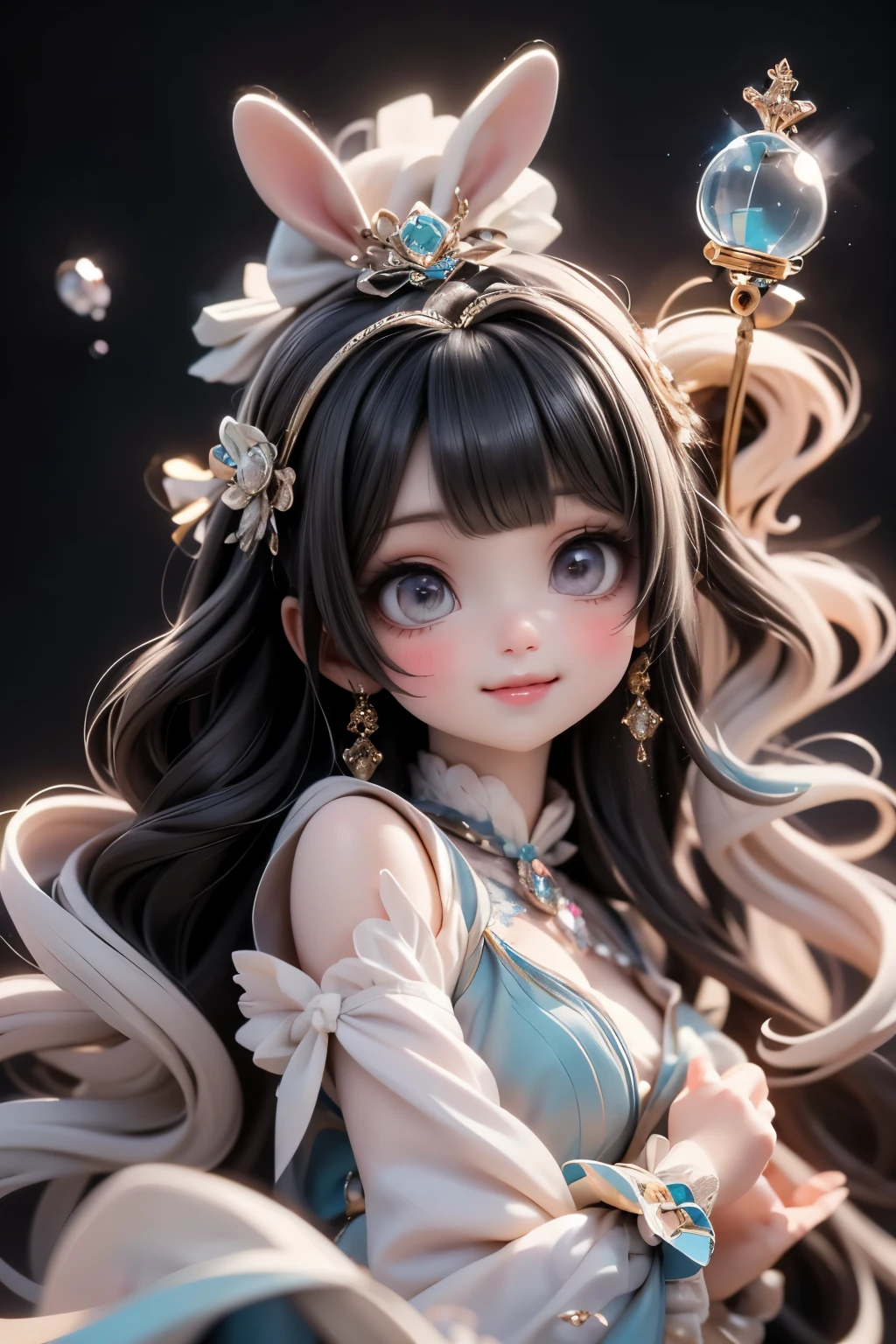 An adorable kawaii-style cute Señorita Bonita smiling inside a crystal bubble floating over a fantasy landscape, her pose elegant and dreamy as enchanted creatures wave from below.