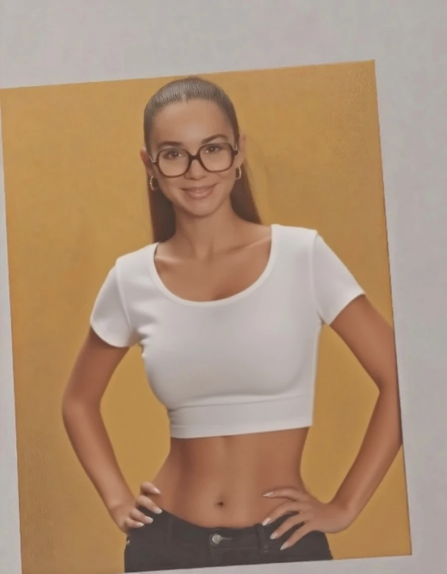 Generates an ultra-realistic image of Juliana Oliveira, um influenciador brasileiro de 24 anos com uma personalidade vibrante, colored blonde hair with fun highlights that are gently blown by the wind. Your green eyes reflect curiosity and passion, although they are perfectly symmetrical, seu rosto esculpido exibe um sorriso cativante, revelando dentes perfeitos. Her fitness model body is a harmonious blend of strength and grace, destacada por sua postura elegante, mas poderosa. A flawless complexion accentuates your timeless appearance. ele mesmo para capturar suas defesas, beleza e um toque de excentricidade neste retrato. She is in a white photo studio adjusting equipment. In the look she is wearing green leggings and a black t-shirt that says JConnect&M em branco, what is the brand of clothing. She wears glasses, She's wearing glasses