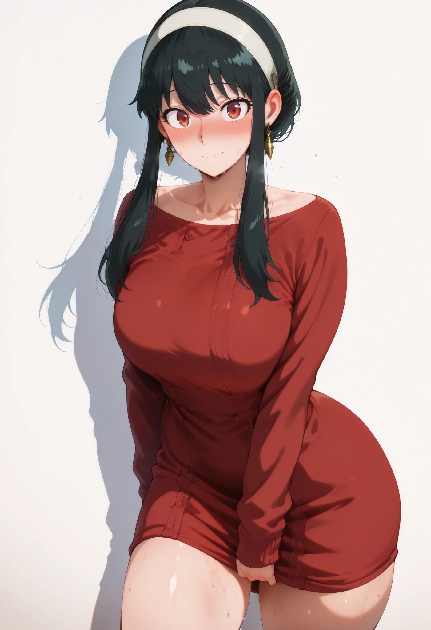 score_9, score_8_up, score_7_up, score_6_up, score_5_up, score_4_up, masterpiece, high quality, yor briar, black hair, red eyes, earrings, white hairband, hairband, long hair, sidelocks, large breasts, shiny skin, shiny hair, shiny body, clear body, large breasts, nose blush, sweat, sweaty, sweaty:1.3,, standing, nice legs,, looking at viewer, thick thigh, thick thighs, nice face, solo, opaque clothes, cowboy shot, nice legs, DYNAMIC POse, , solo, large breasts, thick thigh, dynamic pose, ,,,, LOOKING AT VIEWER, WHITE BACKGROUND, EMPTY BACKGROUND, soft smile,, DYNAMIC POSE,  , short dress