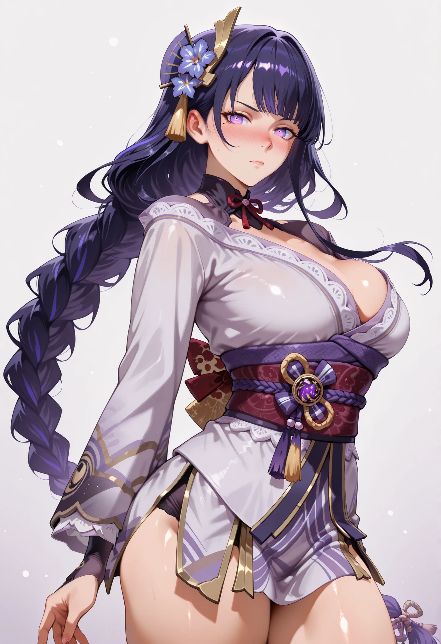 score_9, score_8_up, score_7_up, source_anime,
raidenshogun, 
raiden shogun, braid, braided ponytail, hair flower, hair ornament, long hair, mole, mole under eye, purple eyes, purple flower, purple hair, single braid, sidelocks, 
looking at viewer, looking at viewer, nice legs, legs, standing, solo, female, shiny skin, shiny hair, shiny body, clear body,,, digital illustration, cowboy shot ,,,, ,,, , ,,, large BREASTS, , looking at viewer, NOSE BLUSH,,, shiny skin, shiny hair, shiny body, clear body, , solo, STANDING, POSING, thick thighs, thighs, solo, standing, POSING, DYNAMIC POSE, WHITE BACKGROUND, EMPTY BACKGROUND, short dress