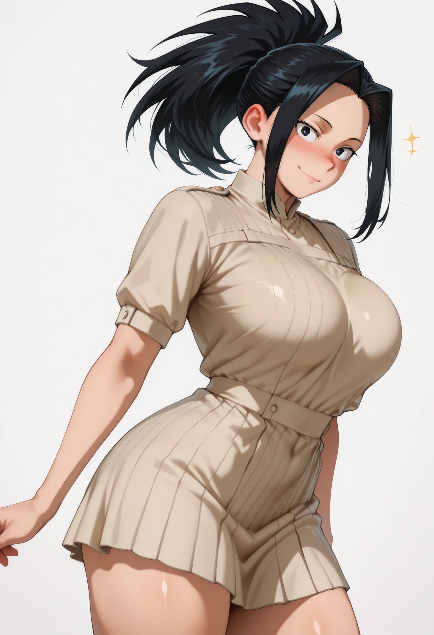 nose blush, shiny legs, shiny body, shiny hair, clear skin, clear body, short hair,, white background, simple background, standing, (masterpiece), best quality, expressive eyes, perfect face,1girl,(large breasts),, nose blush, looking at viewer,, nice legs, white background, simple background, posing, yaoyorozu momo, long hair, bangs, black hair, ponytail, black eyes, high ponytail, wide ponytail, tight clothes,,, COWBOY SHOT,, SOLO,solo, large breasts, thick thigh, dynamic pose, navel ,midriff,,, LOOKING AT VIEWER, WHITE BACKGROUND, EMPTY BACKGROUND, soft smile,, DYNAMIC POSE, short dress
