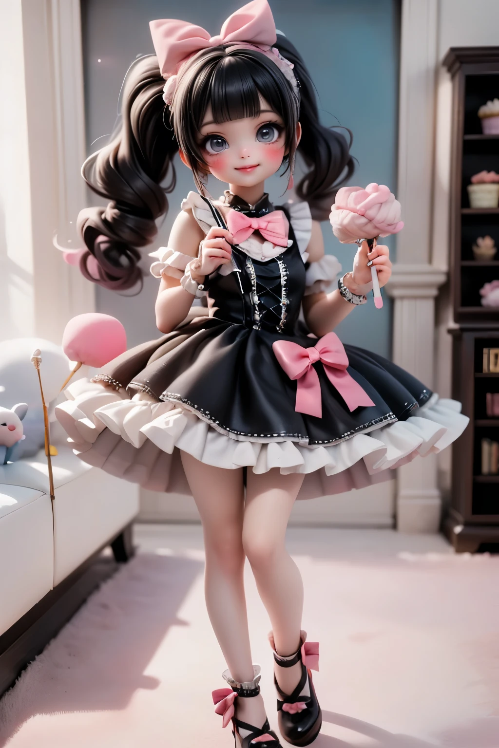 An adorable kawaii-style cute Señorita Bonita smiling, black hair, posing on a pastel candy runway, wearing a frilly cupcake dress with jellybean heels and a cotton candy hair bow. Giant lollipops and marshmallow lights frame the scene.