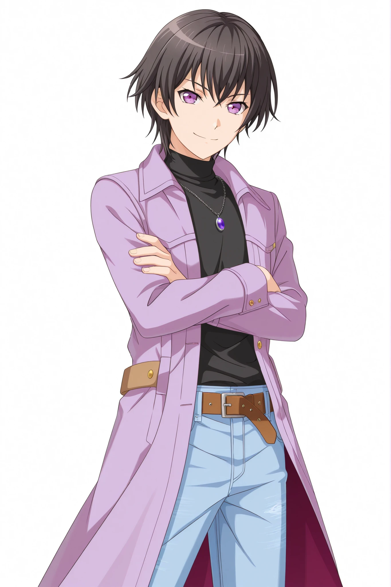 score_9, score_8_up, score_7_up, best quality, masterpiece, source_anime, anime coloring, Hair high revolution, anime screenshot style, official art bang dream!, Detailed eyes, Perfect eyes, good eyes,
BREAK 
1boy, caelus black hair, purple eyes, Adult male,  Handsome male, best quality, amazing quality, very aesthetic, vivid colors, anime 3D CGI style, From top to thigh, standing, White background, simple background, smile, From front, Hair to neck,  jewelry, brown belt, purple coat, denim, pants, jeans, necklace, turtleneck, pendant, crossed arms