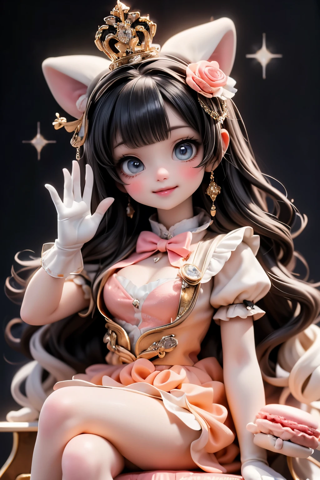 An adorable kawaii-style cute Señorita Bonita smiling, sitting on a macaron throne, dressed in a glittering caramel gown with sprinkle gloves. Her eyes sparkle as she waves to invisible fans in a candy palace.