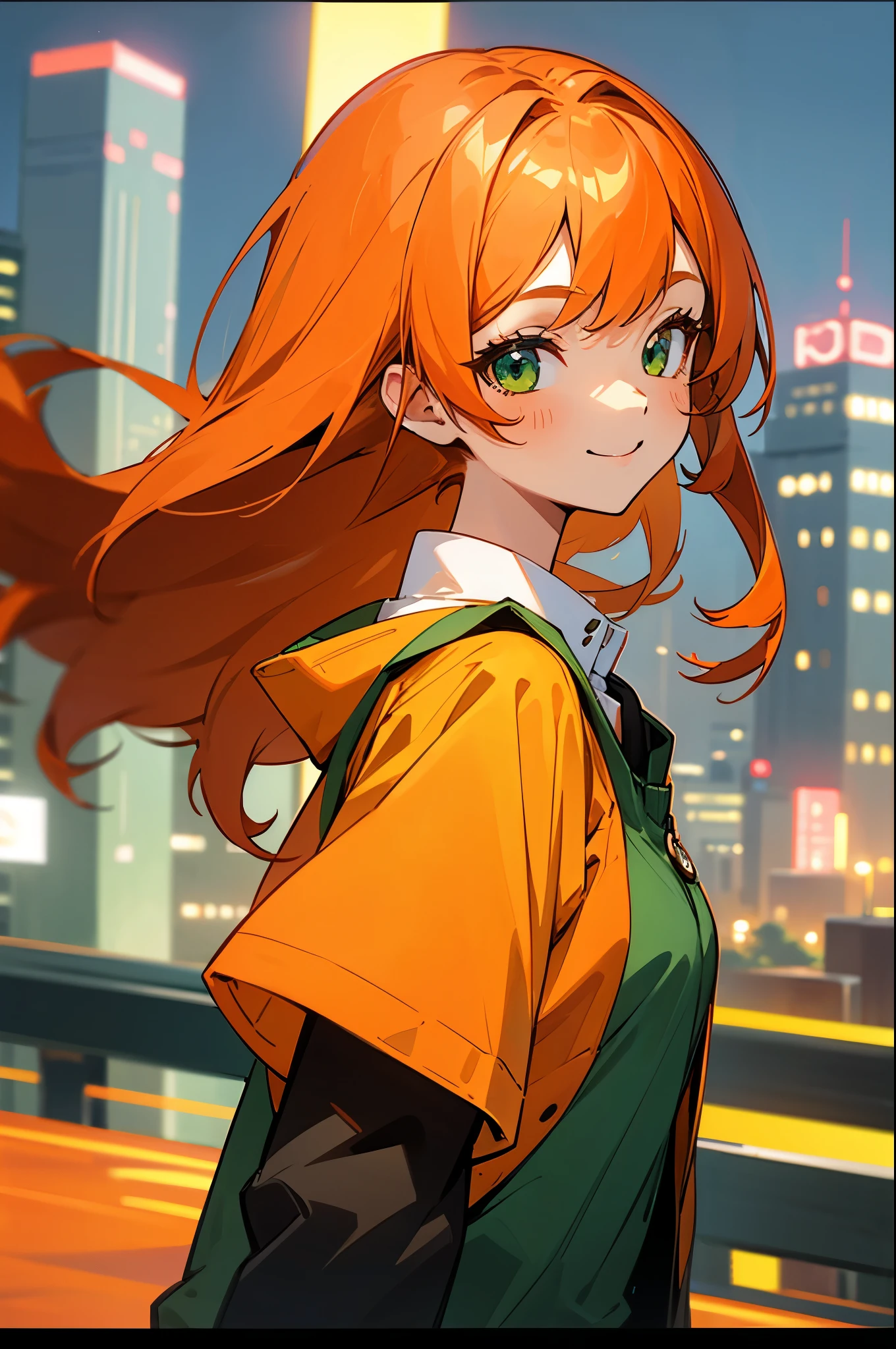 one woman、solo、orange hair、long hair、green eyes、big smiles、From the side、Orange Clothes、inner shirt、Upper Body Closeup、Late night city background