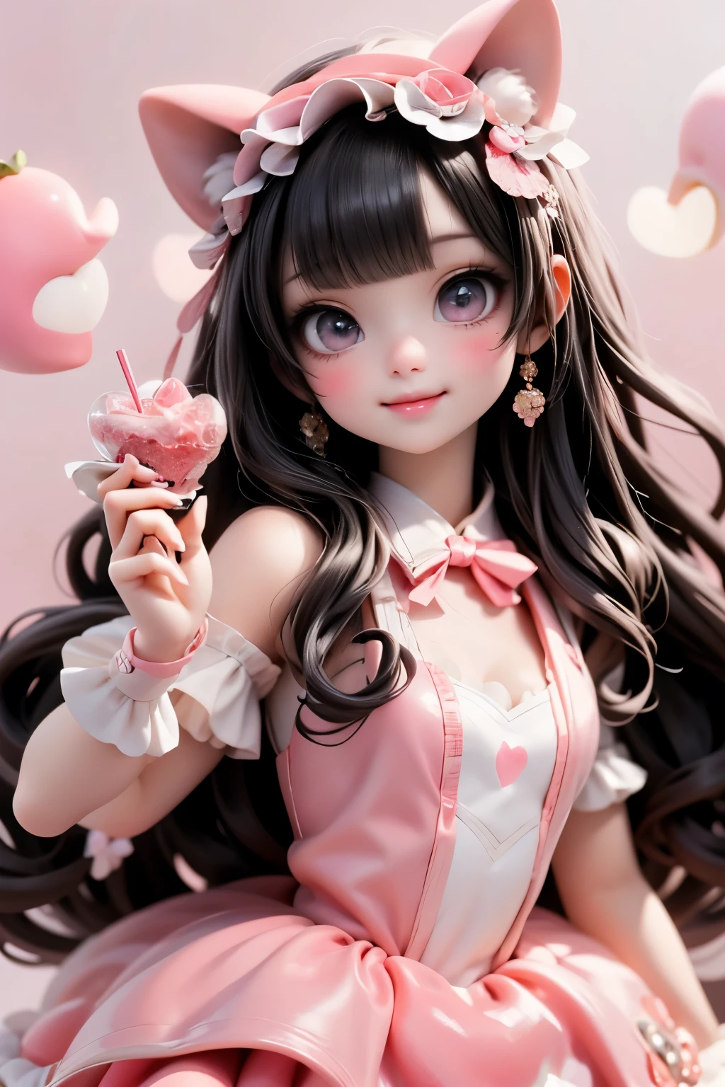 An adorable kawaii-style cute Señorita Bonita smiling, twirling in a strawberry milkshake dress, surrounded by floating candy hearts and glowing sugar stars. Her pose is playful and elegant."