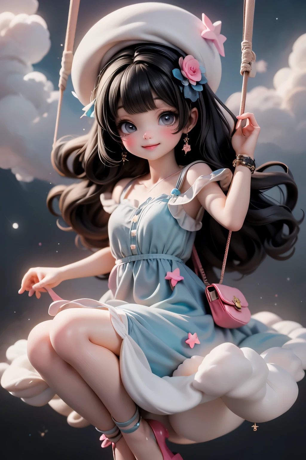 An adorable kawaii-style cute Señorita Bonita smiling, black hair, floating on a cloud swing, wearing a sky-blue chiffon dress with rainbow ankle strap pumps and a moon-shaped purse. The background glows with pastel stars and sleepy clouds.