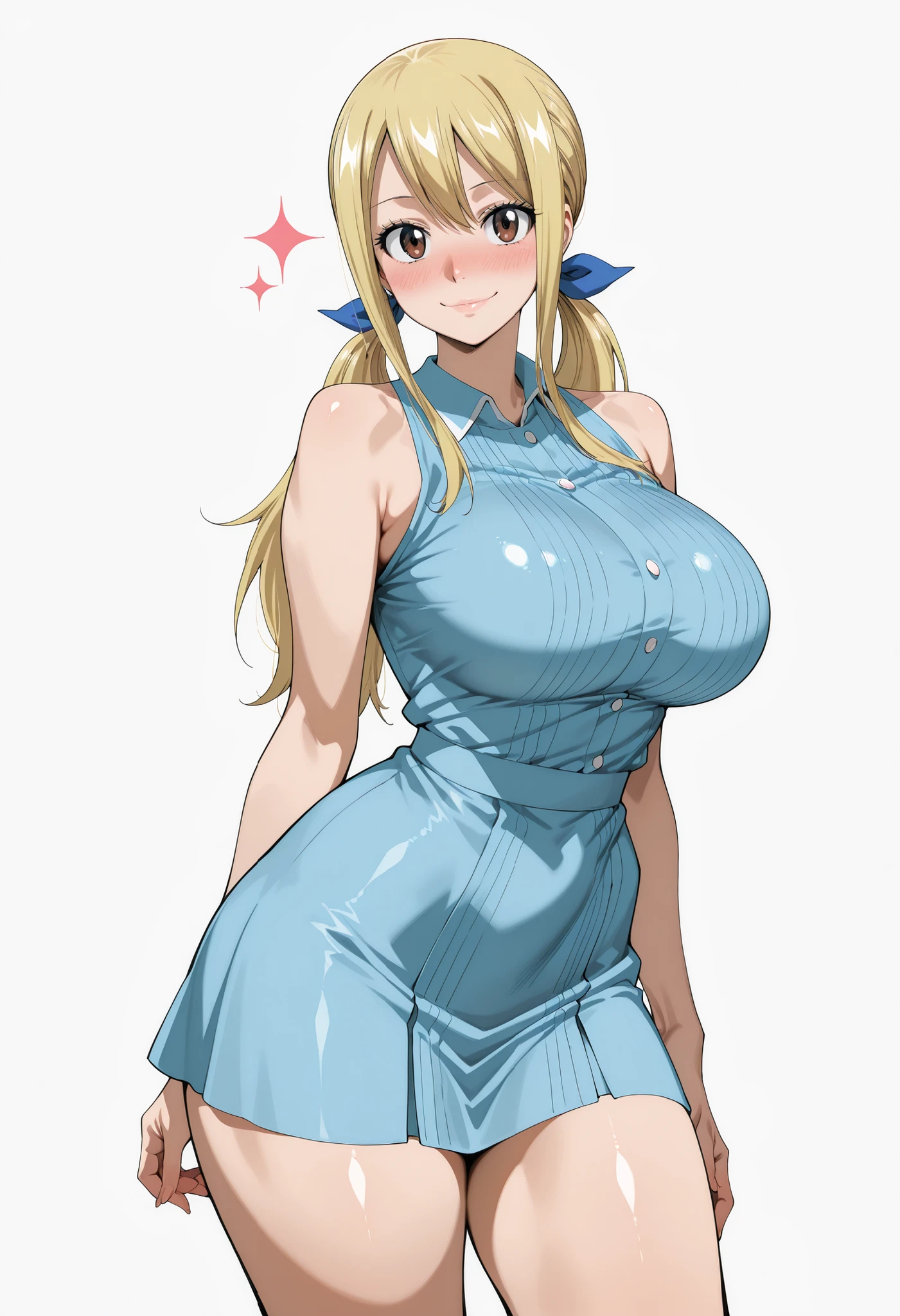 score_9, score_8_up, score_7_up, source_anime,  lucy heartfilia, long hair, blonde hair, large breasts, brown eyes,,, blue hair ribbon,, blush, drunk,, , looking at viewer,, , solo,, large breasts, big ass, thick thigs, wide hips, slim waist, mature body, nose blush,, looking at viewer, nice legs, legs, standing, solo, female, shiny skin, shiny hair, shiny body, clear body,,, cowboy shot ,,,, ,,,, , looking at viewer, NOSE BLUSH,,wide hips, slim waist,,, shiny skin, shiny hair, shiny body, clear body, , solo, STANDING, POSING, thick thighs, thighs, solo, standing, POSING,, perfect eyes,  white background, empty background, distinc shadows,  solo, large breasts, thick thigh, dynamic pose,,,, LOOKING AT VIEWER, WHITE BACKGROUND, EMPTY BACKGROUND, soft smile,, DYNAMIC POSE,, big ass,,,  large breasts, LOOKING AT VIEWER, WHITE BACKGROUND, EMPTY BACKGROUND, soft smile,, DYNAMIC POSE, short dress