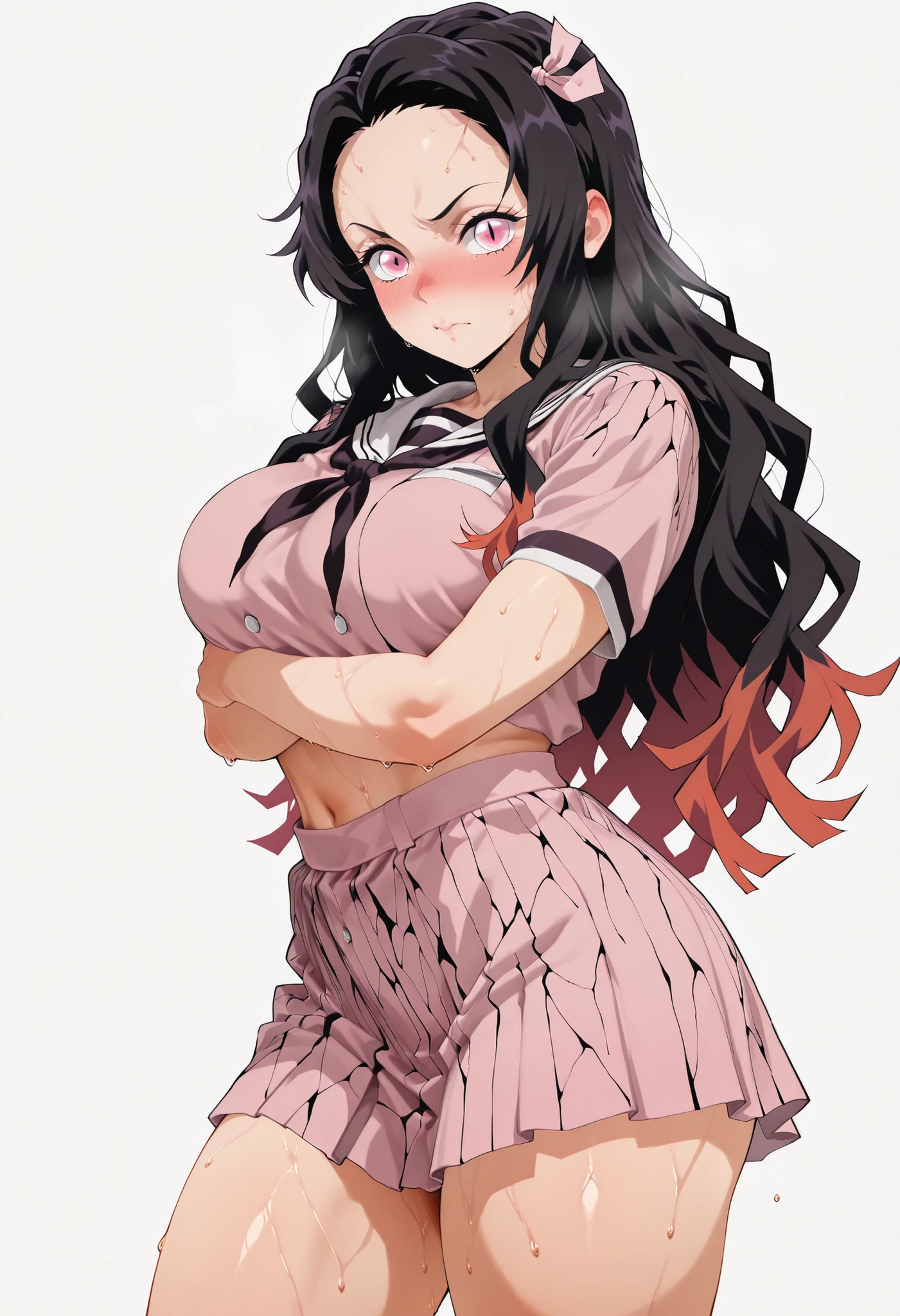 score_9, score_8_up, score_7_up, source_anime, sweat, sweaty, large breasts, looking at viewer, standing, sweay:1.3,, navel, midriff,, large breasts, nose blush, solo, female, thick thigh, thick thighs, sweat, sweaty, sweaty:1.3, white background, simple background, nezuko, nezuko from demon slayer, nezuko kamado, black hair, forehead, hair ribbon, long hair, multicolored hair, pink eyes, orange hair, slit pupils, wavy hair, two-tone hair, SOLO,, cowboy shot, solo, posing, pose,,  short dress