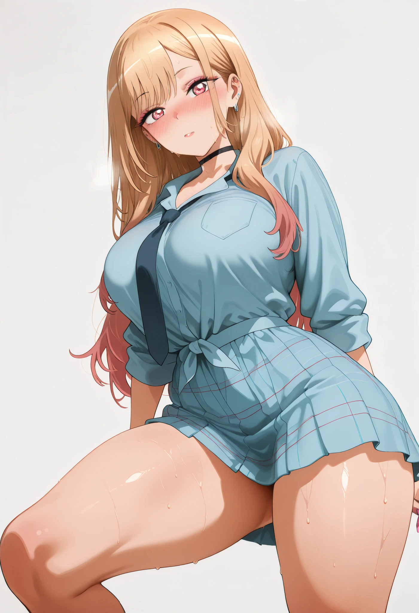 marin kitagawa, large breast, thic thigh,, multicolored hair, blonde hair, long hair, magenta eyes, ear piercing, earrings, pink nails, makeup,, nice legs, looking at viewer, solo, looking at viewer, nose blush, shiny legs, shiny body, shiny hair, clear skin, clear body, sweat, sweaty, sweaty:1.3, large breasts,, thick thigh, thick thighs,, nice legs, solo, large breasts, thick thigh,                          , WHITE BACKGROUND, EMPTY BACKGROUND,  short dress