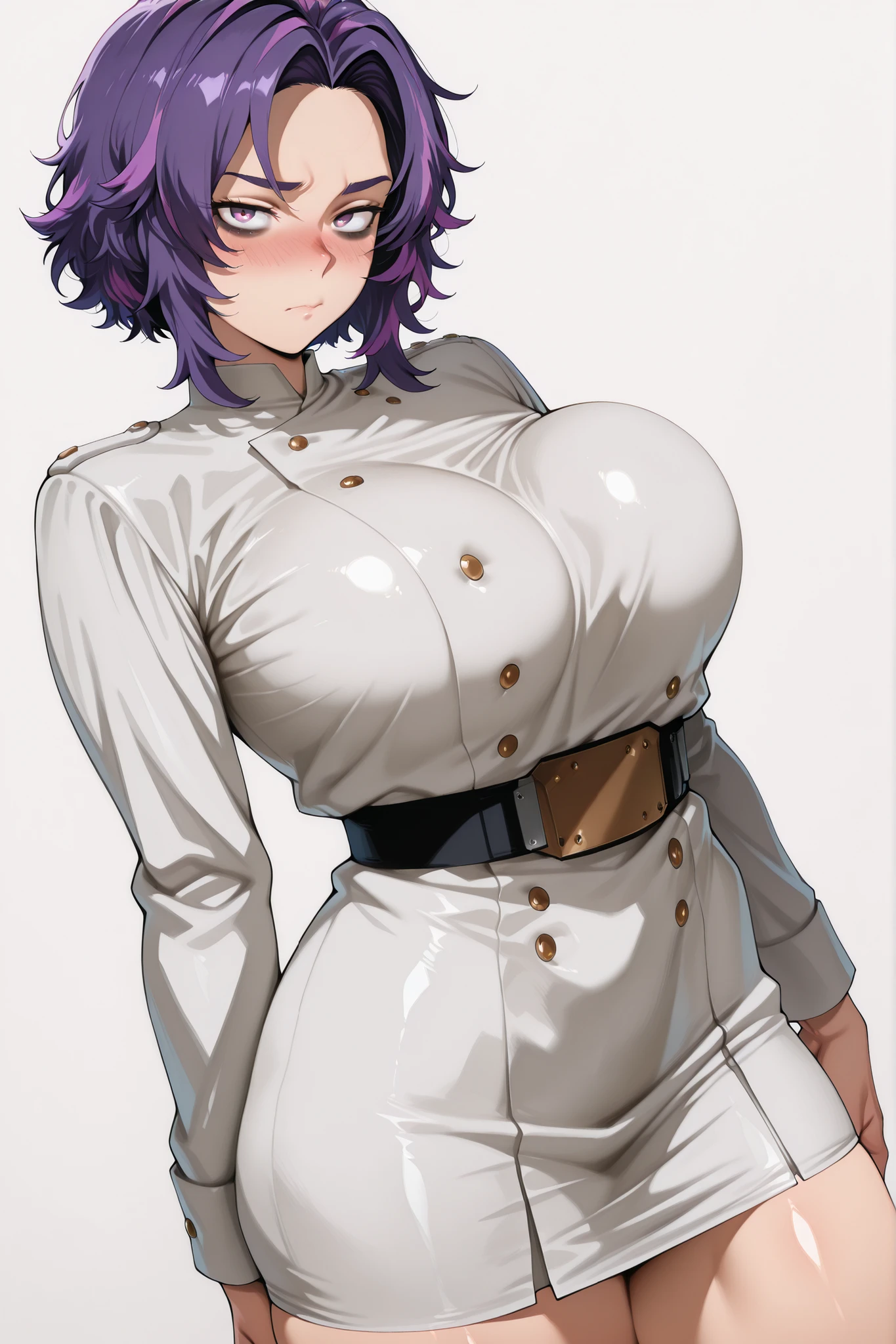 score_9, score_8_up, score_7_up, score_6_up, source_anime, BREAK 1girl, solo, bags under eyes,  ladynagant, purple hair, streaked hair, short hair, purple eyes,, (huge breasts:0.7), looking at you,,, looking at viewer, cowboy shot, dutch angle, solo, nice legs, large breasts, shiny skin, shiny hair, shiny body, clear body, large breasts, nose blush,, white background, simple background, standing, nice legs,, looking at viewer, thick thigh, thick thighs, nice face, solo, opaque clothes, cowboy shot, nice legs, empty background, STANDING, POSING, ,, short dress