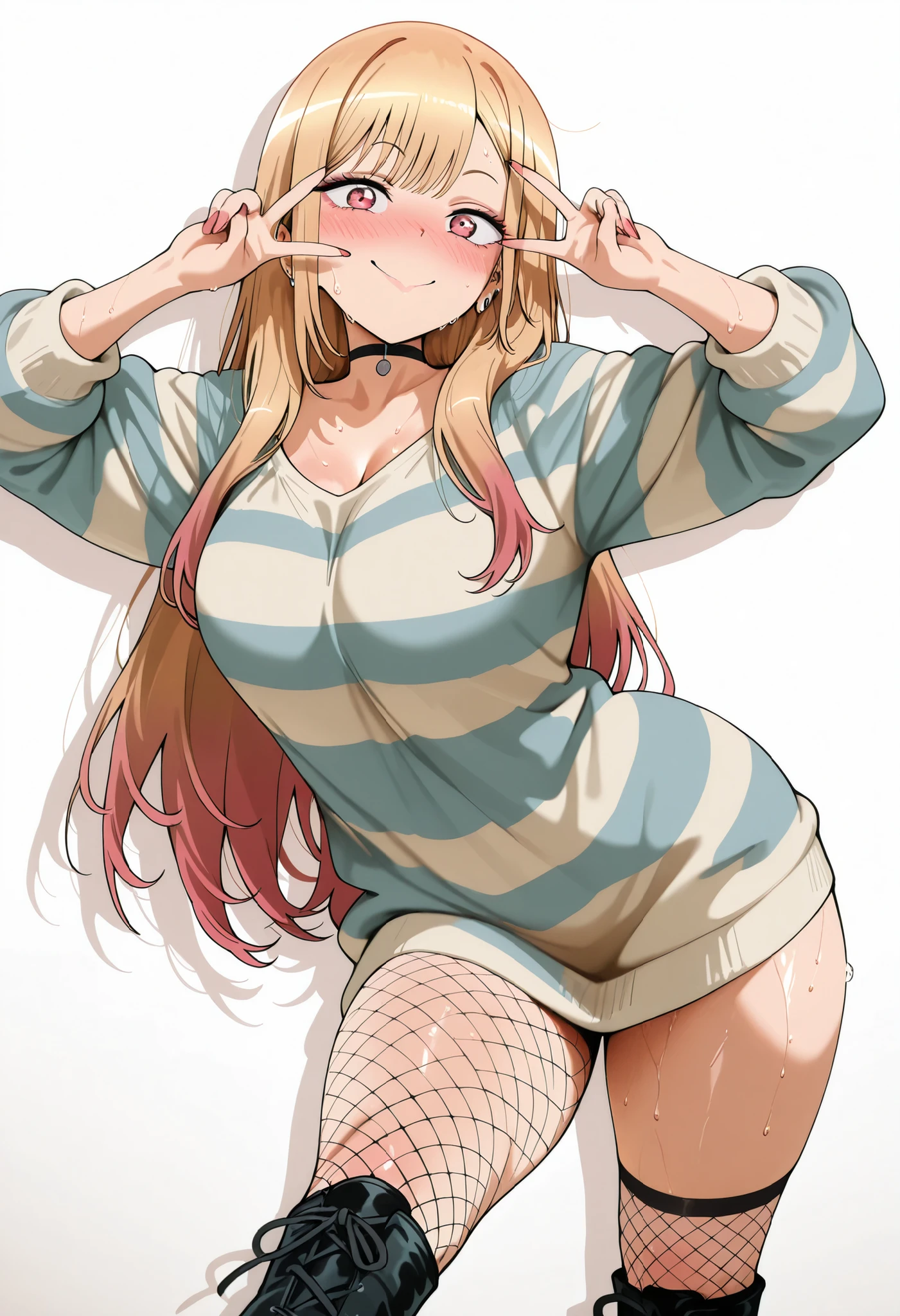 (masterpiece), best quality, expressive eyes, perfect face, 1girl, sweat, sweaty, sweaty:1.3, nose blush, looking at viewer, nose blush, shiny legs, shiny body, shiny hair, clear skin, clear body, horny, white background, simple background, nice legs, cowboy shot, posing, marin kitagawa, long hair, bangs, blonde hair, red eyes, multicolored hair, pink hair, anime screencap, striking a playful peace sign pose with one hand near her eye. She is wearing a long, oversized striped sweater (black and beige horizontal stripes), fishnet tights, and black lace-up knee-high boots. Her legs are slightly inward, and her body leans slightly to one side in a casual, stylish stance. The background is softly lit with a moody, dark gradient. No facial or character details, only outfit and pose visible, detailed background, contrapposto