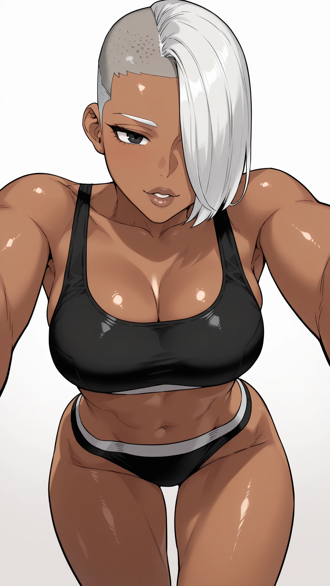 anime girl in shirt sitting on bench, sweaty abs, High Resolution Commission, OC Commission, Cudesexyrobutts, Rough Pose, 2b, 2 b, muscular girl, strong pose, From Overwatch, lean but muscular, Lola Bunny Fanart, Chun Li in gym, weak beta male, Abs, Slim and muscular, mouth ajar, nose, Fit Girl, Bea Pokemon, ((Marked abs)), (Bruises on abdomen: 2), Bruises, (((blood))), ((sweat)), steam, (Blood on abs:2), blue eyes, Black  with orange lines, muscular thighs, Bruised abs,
