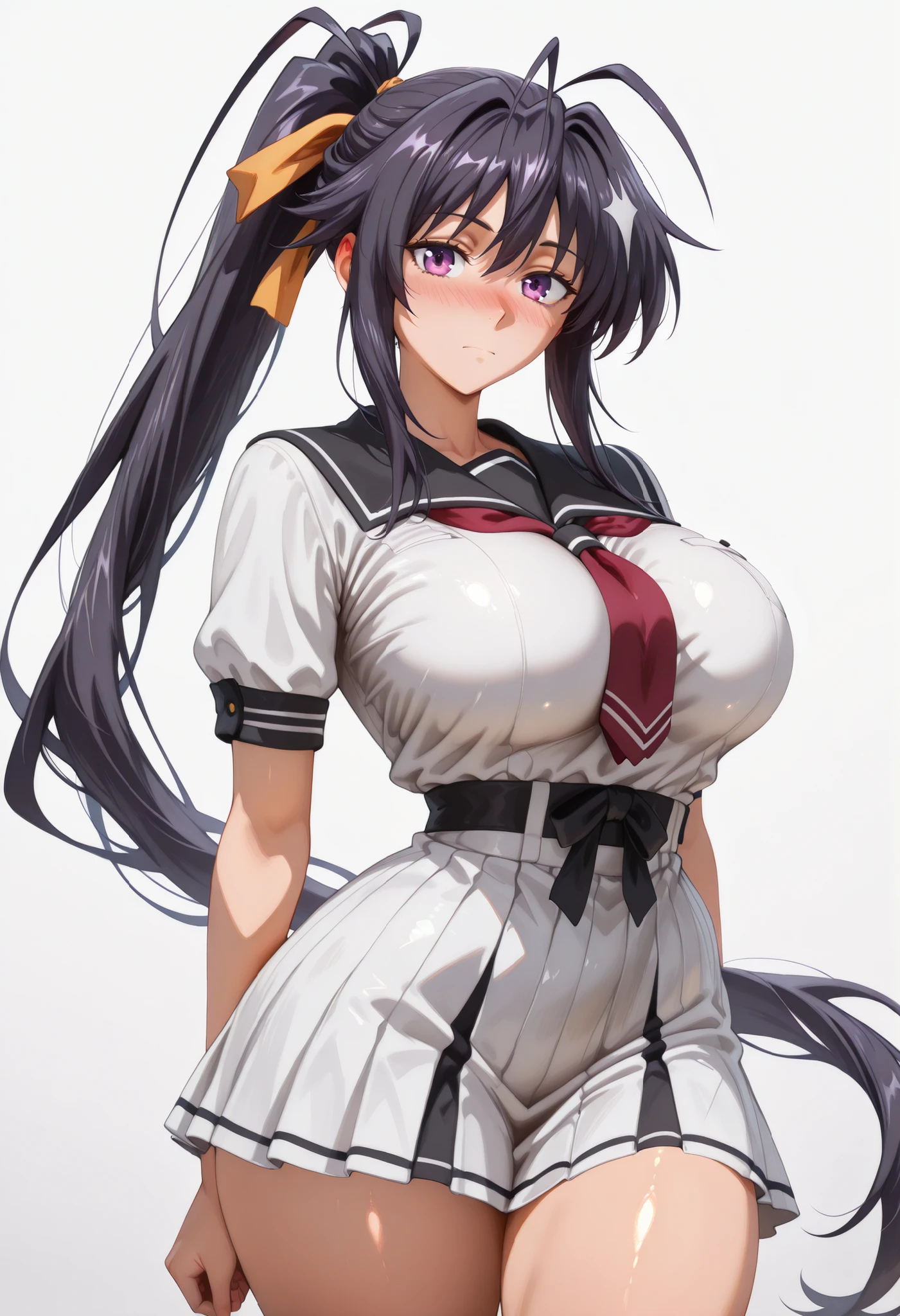 cowboy shot of ((large breast)), ((Thicc)), (()), (wide hips), 1girl, akeno himejima, long hair, black hair, ribbon, very long hair, purple eyes, hair ribbon, ponytail, antenna hair, looking at viewer, shiny skin, shiny hair, shiny body, clear body, nose blush,, POSING,, DYNAMIC POSE,,, NICE LEGS, COWBOY SHOT, ,, TIGHT CLOTHES, covered breasts, , , thick thighs , soft glossy skin , detailed shading , soft light , realistic anime style , ultra-detailed , 8k , masterpiece , highly detailed ,, , VIEW FROM FRONT , , ,, hourglass figure , large bust and wide hips ,, , OPAQUE CLOTHES , covered breasts , ,,white background, empty background, ,,. ,,, DYNAMIC POSE, ,,, short dress