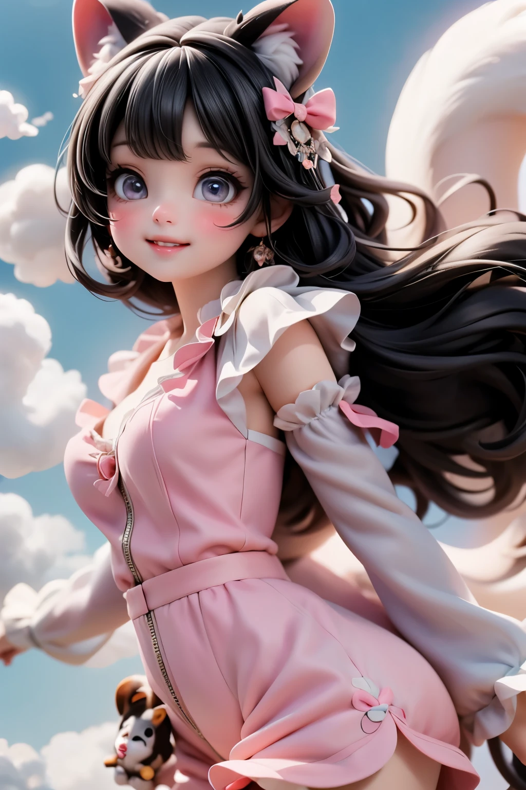 An adorable kawaii-style cute Señorita Bonita mid-jump between fluffy animal-shaped clouds, smiling, black hair, dressed in a soft lavender romper with winged sleeves. Her hair flows behind her as she laughs in the air.