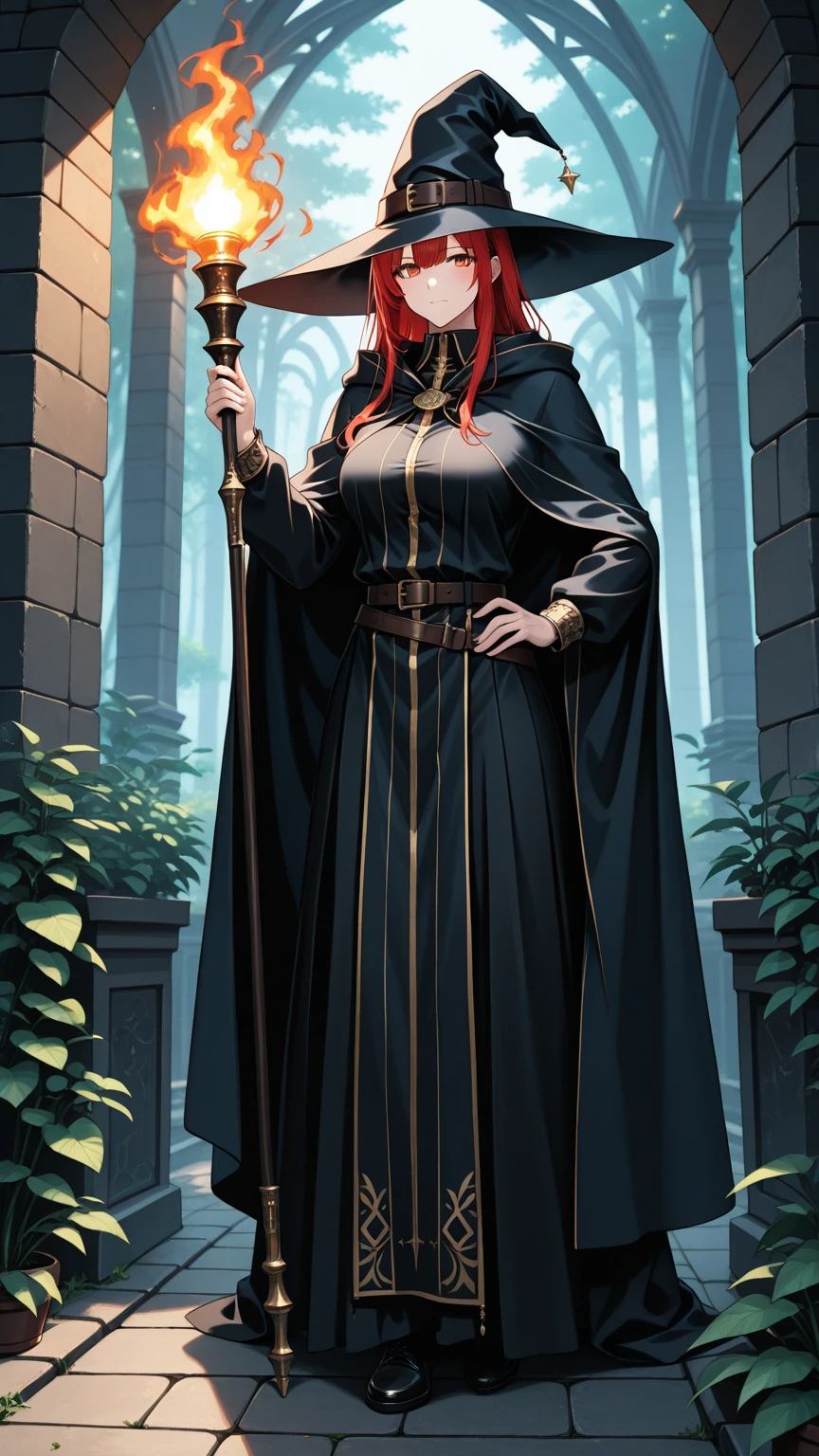 Tall long haired woman wearing black cape and red clothes with arms crossed 