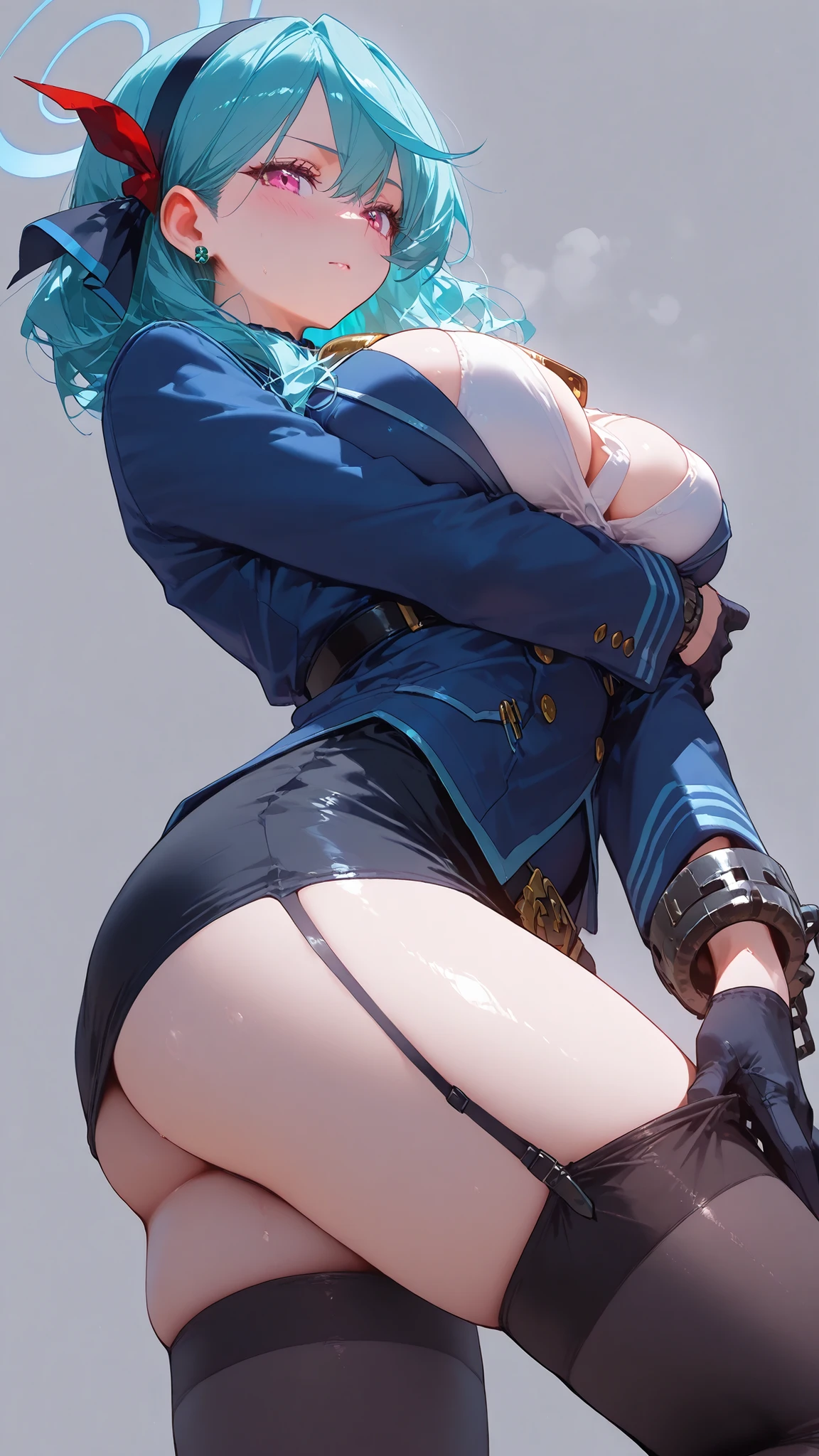 8k wallpaper 、  best quality  、Masterpiece、masterpiece ,Super Detailed, large , thick thighs, uncensored ,beautiful face,cute,1girl,akobabase, halo, , aakodefclothes, earrings, hair ribbon, hairband, blue jacket, white shirt, neck bell, sideboob, long sleeves, black gloves, cuffs, miniskirt, black skirt, belt, garter straps, thighhighs, aqua hair,, tech environment 、hotel appartment Background 、  simple background 、 posing , in a  and  and graceful pose, standing , arched back, holding own arm,  eyes, blush, view from the side 