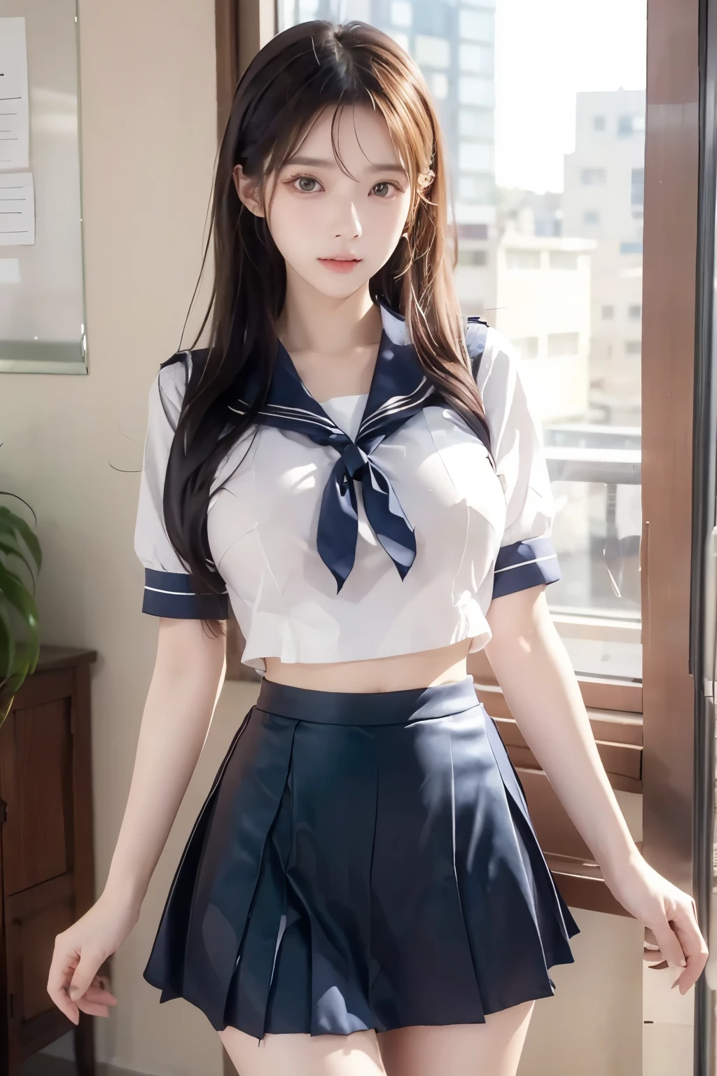 ( Super High Definition), (I'm looking over here), (school uniform:1.2, sailor suit, flared skirt), (Big Breasts:1.2), (Slimness:1.8), ( Read more:1.4), (thin thighs:1.4), ( thin hips:1.6), ( beautiful skin, shiny skin, white skin), (Super slim face, Super beautiful face, makeup, Smile :0.8), ( light brown hair, semi-long, layered cut , fluffy hair), ( big eyes:1.4, High corners of the eyes:1.6, double eyelids), (Thin eyebrows:0.1), ( small nose:0.6), ( thin lips:0.6), downtown