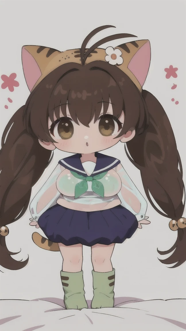 best quality, masterpiece, highres, solo, {mutsuki_azurlane:1.15}, animal_ears, cat_ears, brown_hair, open_mouth, green_eyes, twintails, hat, short_twintails, short_hair, ribbon, blush, school_hat, yellow_headwear, low_twintails, animal_ear_fluff, smile, fang, tail, bangs, cat_tail, candy, food, bow, cat_girl, ears_through_headwear