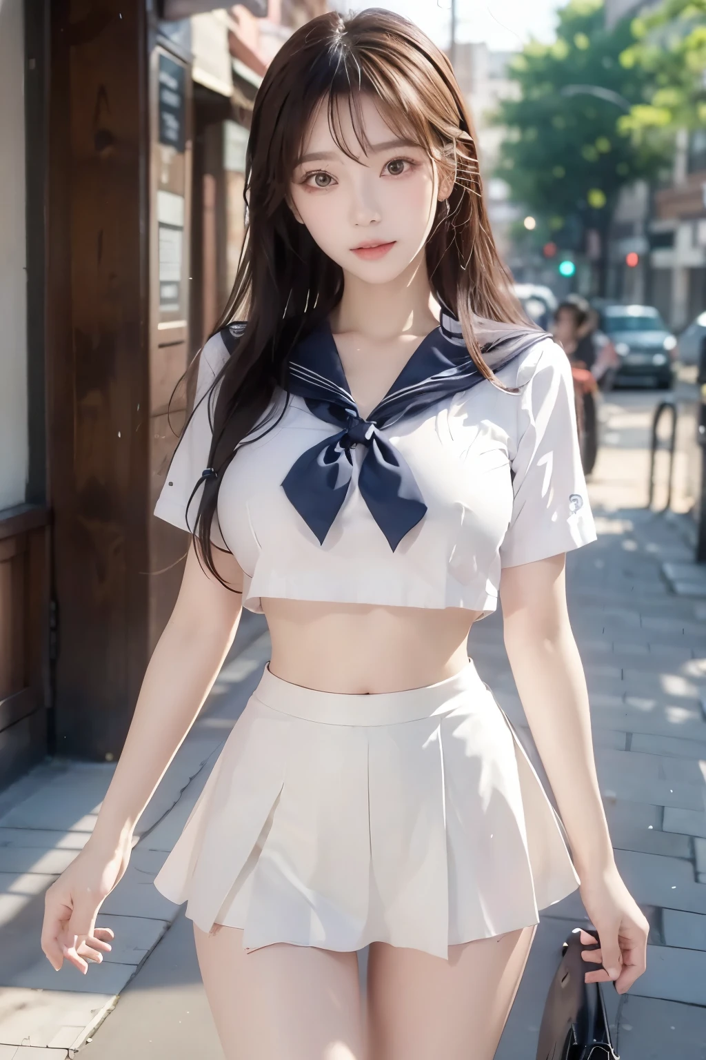 ( Super High Definition), (I'm looking over here), (school uniform:1.2, sailor suit, flared skirt), (Big Breasts:1.2), (Slimness:1.8), ( Read more:1.4), (thin thighs:1.4), ( thin hips:1.6), ( beautiful skin, shiny skin, white skin), (Super slim face, Super beautiful face, makeup, Smile :0.8), ( light brown hair, semi-long, layered cut , fluffy hair), ( big eyes:1.4, High corners of the eyes:1.6, double eyelids), (Thin eyebrows:0.1), ( small nose:0.6), ( thin lips:0.6), downtown