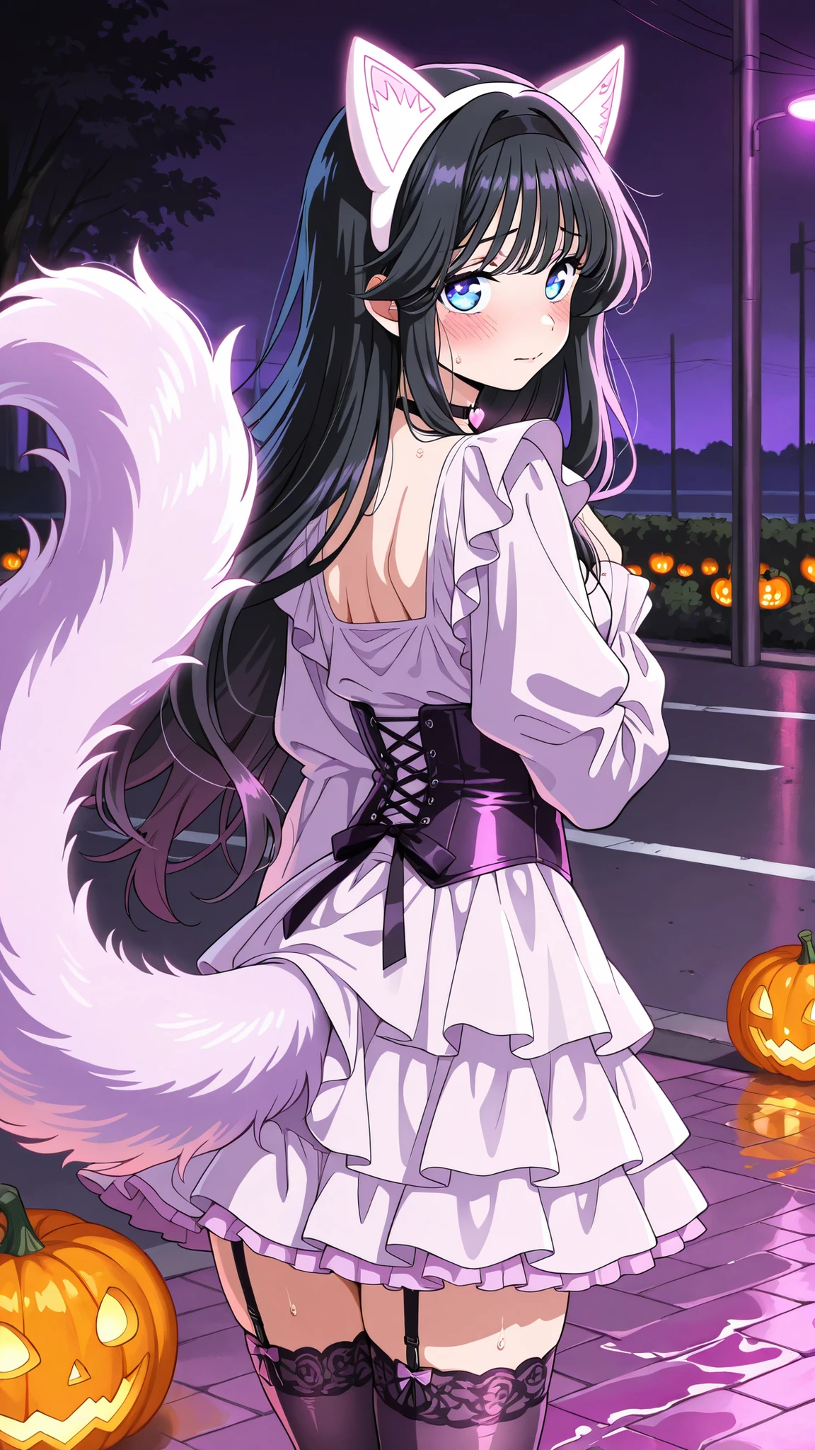 BREAK (masterpiece:1.2), best quality, high resolution,8k wallpaper, (illustration:0.8), (beautiful detailed eyes:1.6),Suburban road with purple fog drifting low, neon purple and orange halloween lights reflecting on wet pavement, glowing pumpkins on porches, quiet surreal rainy night mood, deep shadows, no people
kaoruko, black hair,long hair,blue eyes,black hairband,,pastel purple corset top, soft ruffled skirt, cat-ear headband, fluffy tail, thigh-high stockings with bow garters, small heart choker, neon pink reflection, glossy lips,,cowboy shot,looking at viewer,shy face,blush,from behind,back shot