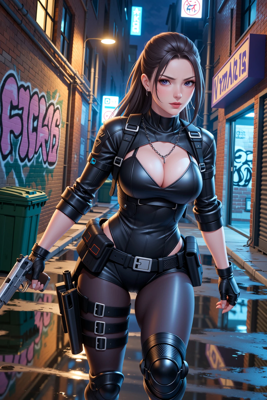 (masterpiece, Highest quality:1.2), Young and beautiful girl, Young face, (((RAW quality:1.4))), Highest quality, Great quality, 16K, Unbelievably absurd, Very detailed, delicate and dynamic, software, Natural light, Particles reflect color, Diffuse reflection of light, Vortex of Light, Hudson River, new york, Night view, Create amazing image effects, lycoris uniform, (Cute , 14 years old, Pursue the perpetrator, Intense movement, Vibrant, hot, , , , pistol, Long black hair, Police uniform, Takina Inoue Final Fantasy VII), Full body photo, (Shooting a gun in front of a big full moon:1.4), Speedy, Lots of bullets, Trajectory,