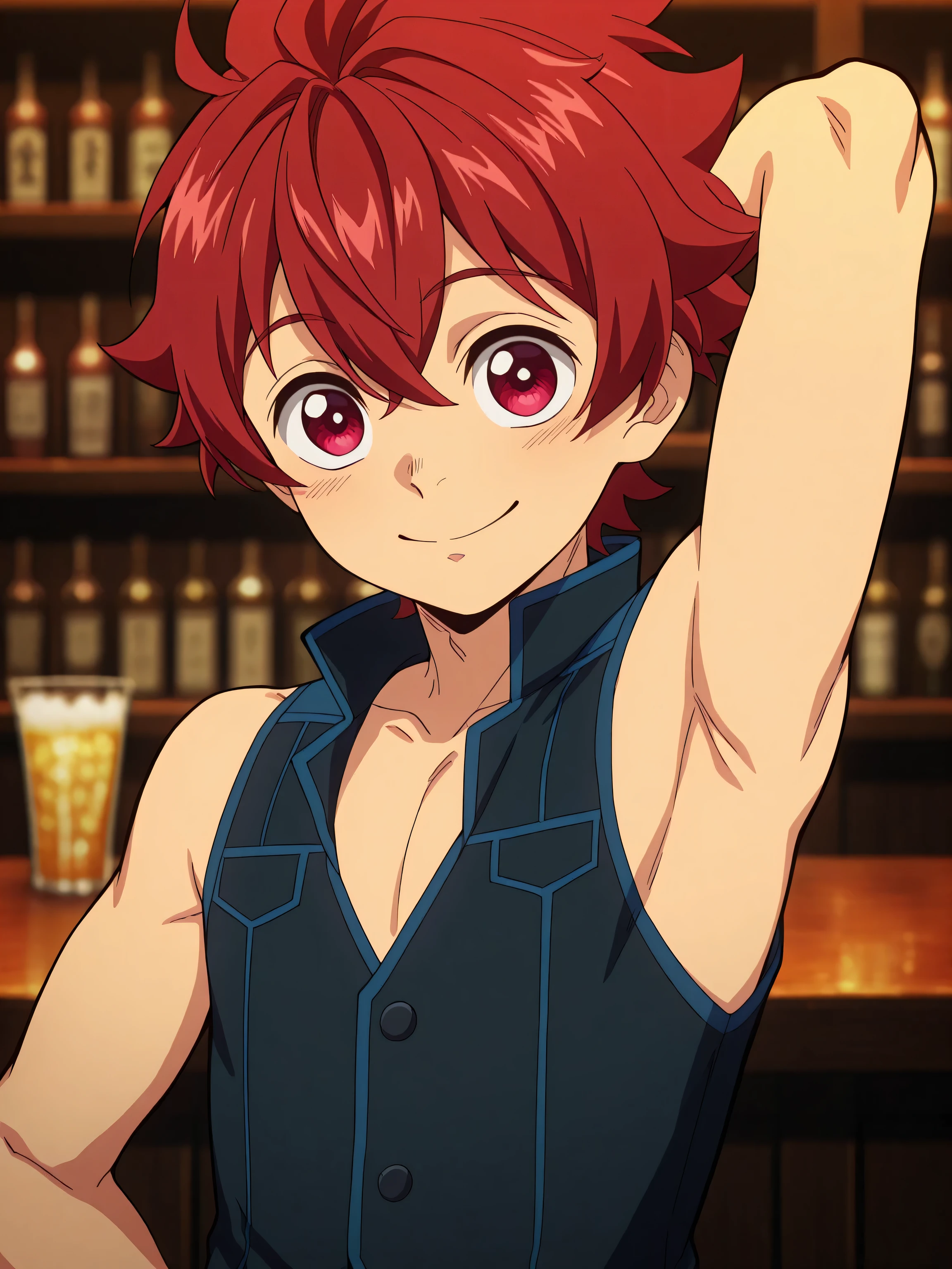 Anime style, Highres, Masterpiece, Best quality at best,High-quality illustrations, Best Quality,hight quality, hight detailed, Depth field, Anime screencap style, Tanjiro, 1boy,Little Boy, Shota, Solo person, Red hair, hansome boy, cute face, adorable boy, Bar, Look at viewer, Cheerful boy, Sleeveless vest, Body, Seen from front, (showing armpit:1.3), boy focus, Uhd, 4k