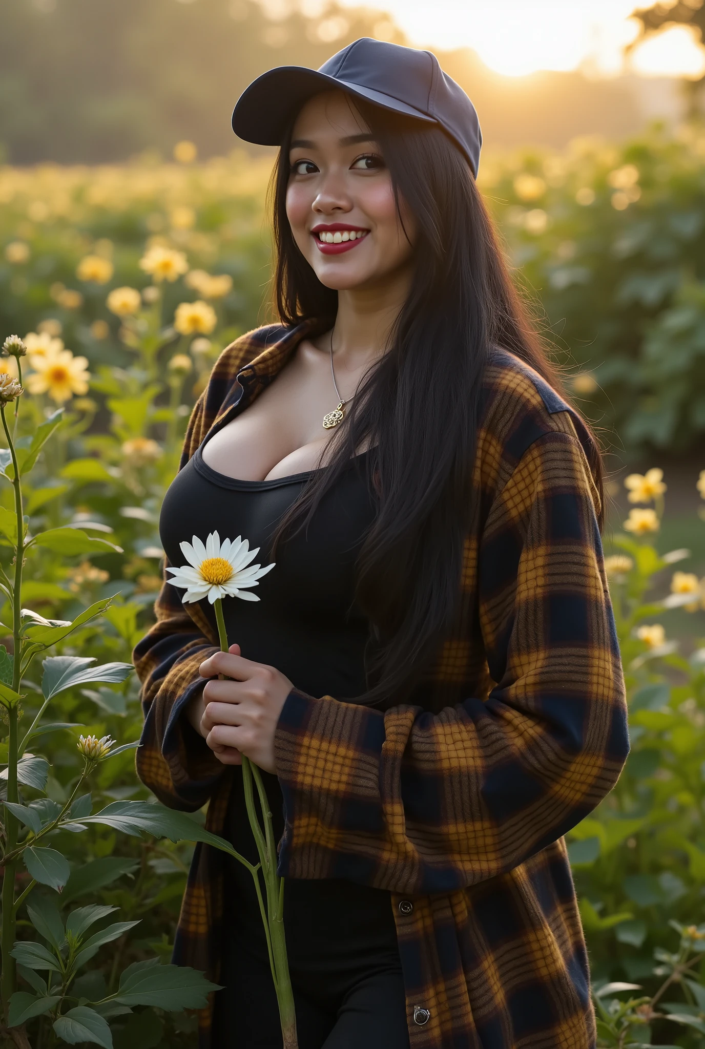 made a beautiful muscle Indonesian woman, , white, beautiful, wearing a black hijab, wearing a dark blue snapback, wearing a brown and yellow flannel shirt on her muscle body, blue jeans, the woman was holding a small white flower with her fingers while smiling and handed it to a hand at the camera. artistic graphic photo, perfect light, sunrise, back light, realistic, 4k, ultra HD. beautiful and green natural scenery background.360 View, 