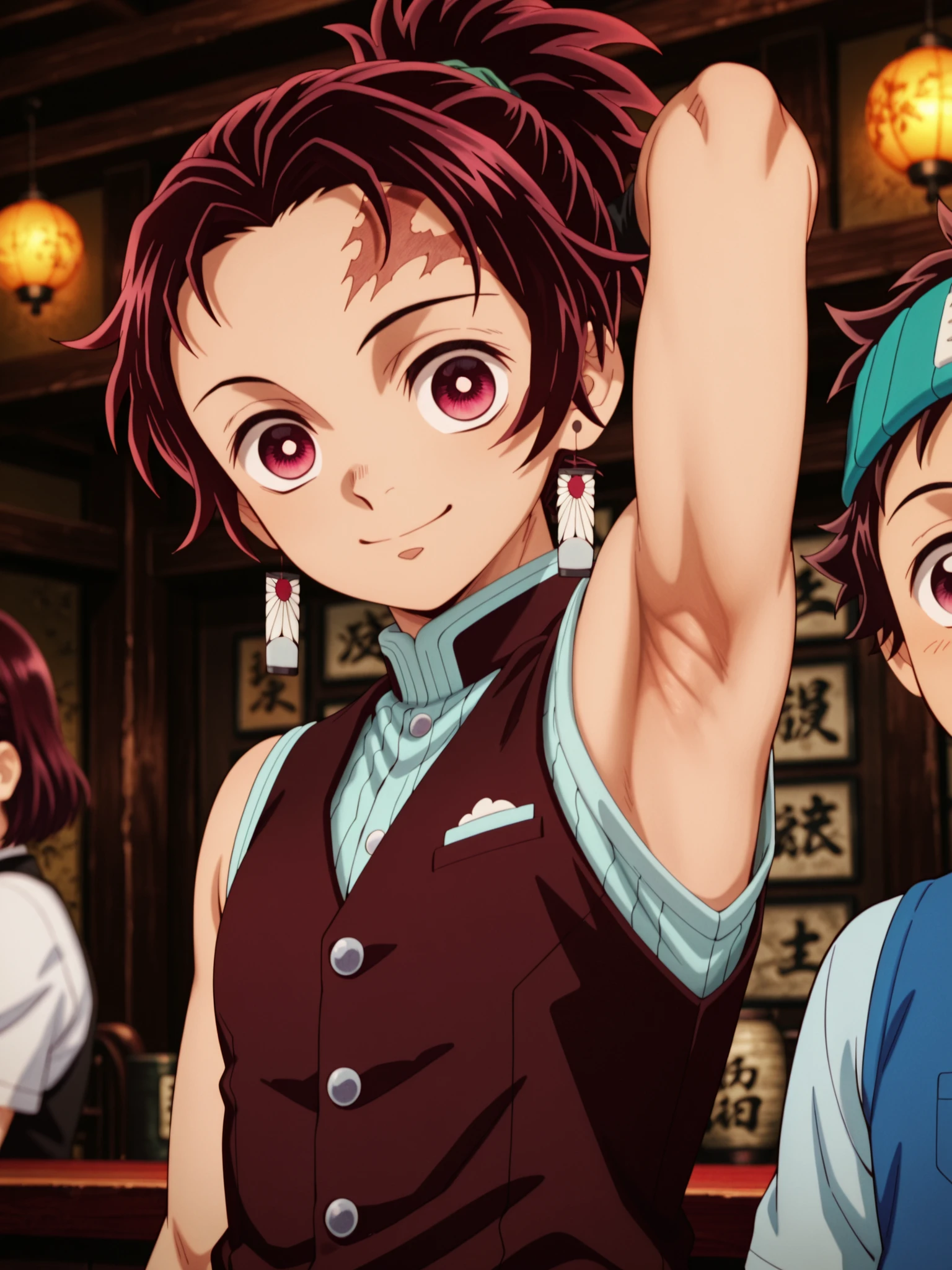 tanjirou_kamado, red hair, red eyes, short hair, scar, scar on face, scar on forehead,ponytail,tanjirou_kamado, red hair, red eyes, short hair, scar, scar on face, scar on forehead,ponytail, Anime style, Highres, Masterpiece, Best quality at best,High-quality illustrations, Best Quality,hight quality, hight detailed, Depth field, Anime screencap style, Tanjiro, 1boy,Little Boy, Shota, Solo person, Red hair, hansome boy, cute face, adorable boy, Bar, Look at viewer, Cheerful boy, Sleeveless vest, Body, Seen from front, (showing armpit:1.3), boy focus, Uhd, 4k