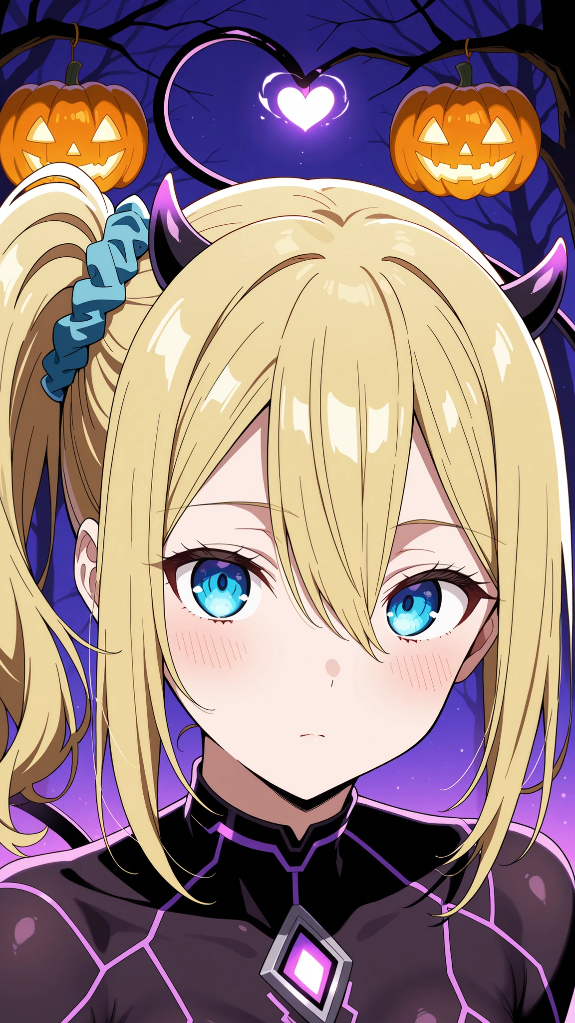 BREAK (masterpiece:1.2), best quality, high resolution, unity 8k wallpaper, (illustration:0.8),Anime-style nighttime street decorated for Halloween, deep black shadows, glowing orange pumpkins, dim lanterns hanging from trees, subtle purple and green accent lights, soft fog rolling near the ground, quiet mysterious festive mood, no people
,ai hayasaka, bangs, blue eyes, blonde hair, hair ornament, hair between eyes, sidelocks, side ponytail, scrunchie, hair scrunchie, blue scrunchie,jewelry, tight bodysuit with mesh panels, small curved horns, long ribbon tail with heart tip, sheer gloves, glowing purple edge details
 tattoo,,looking at viewer,portrait,portrait shot,face close-up,seductive expression,blush,floating hair,