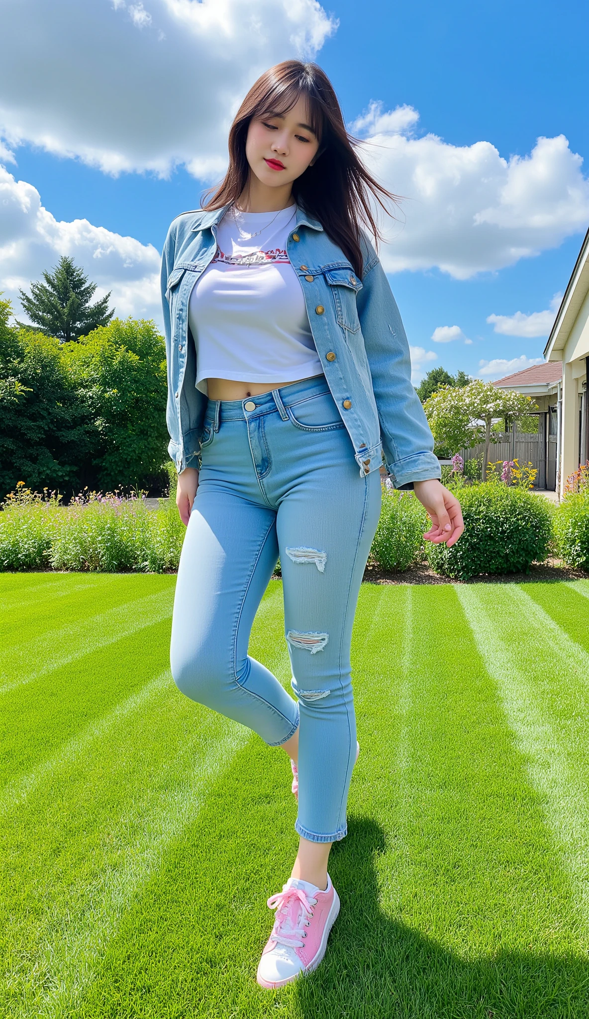 In a large yard, filled with neat grass and wild flowers, There was a beautiful young woman, wearing a white t-shirt that said ADERAMA , And wearing a light blue ripped jeans jacket, light blue tight jeans, and pink and white shoes, He has long brown hair, The weather that day was very bright, so the clouds and blue sky were clearly visible. He was enjoying the fresh air blowing in the wind. 