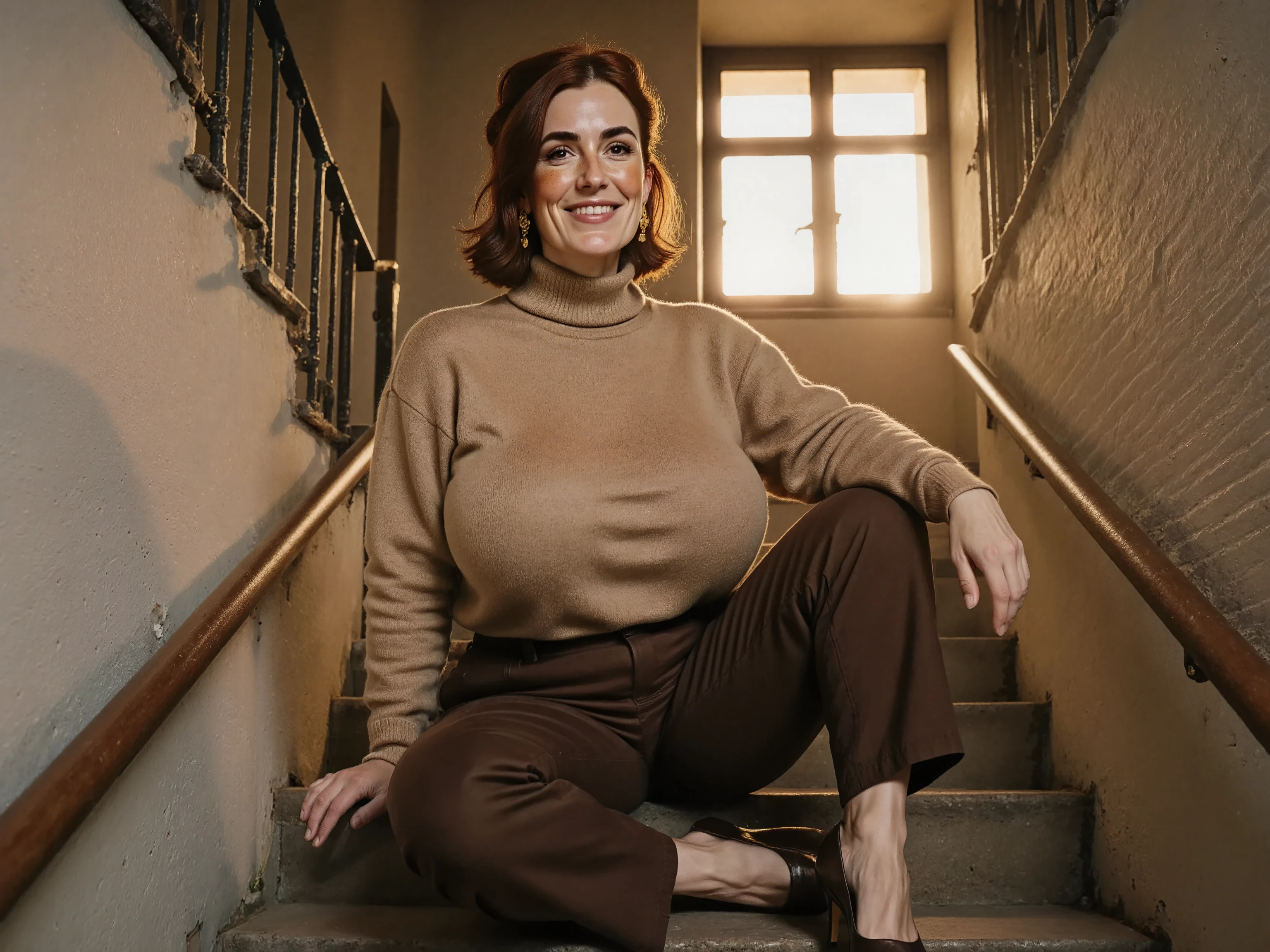 margaret posing for the camera while sitting on stairs in an old apartment building. low camera angle looks up to her, she is wearing dark brown trousers and sand-coloured turtleneck sweater. leather shoes with high heels. hair done up, gold earrings. mascara. large brown eyes and slight smile. large breasts and voluptuous figure. golden light coming from a window upstairs.