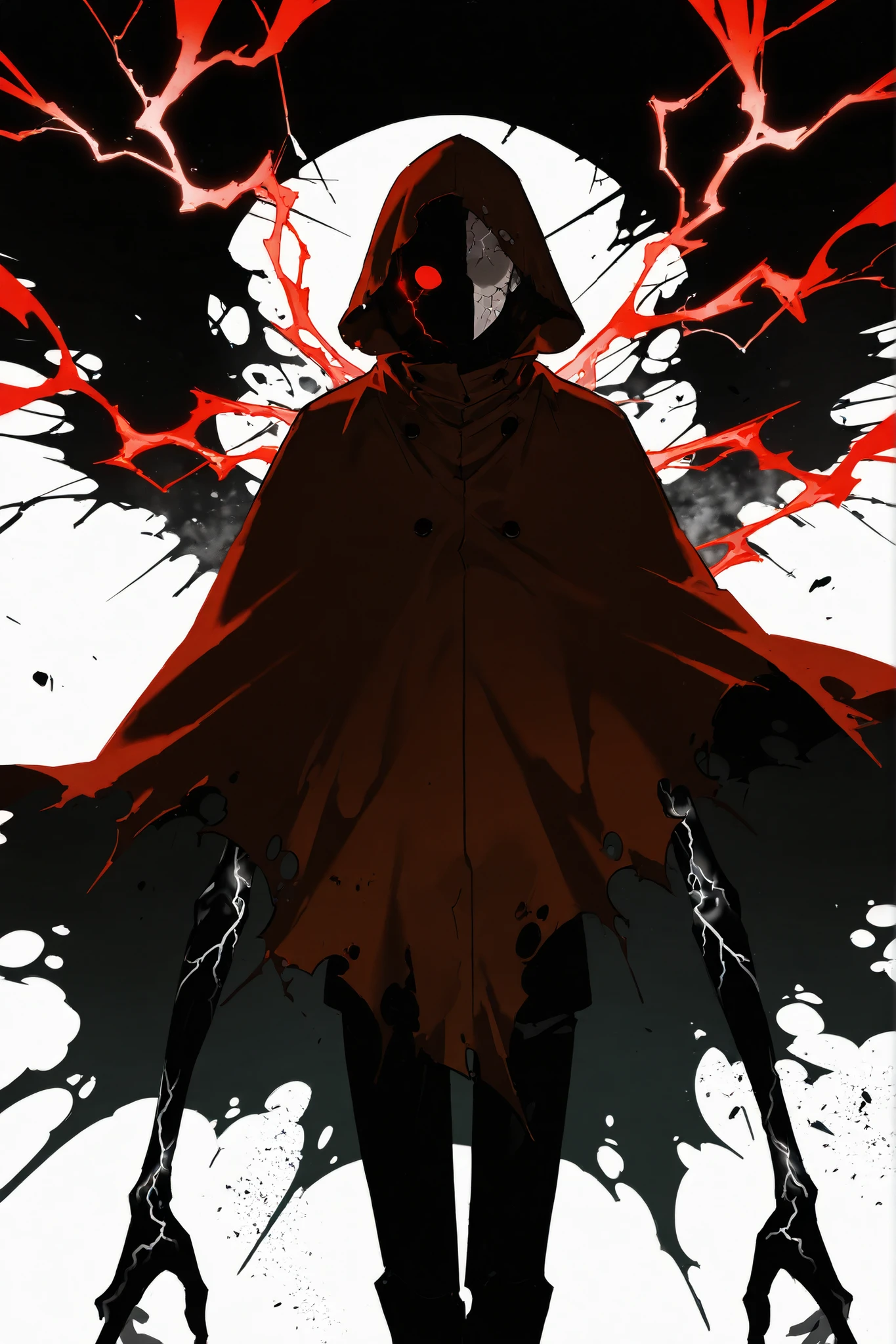 Ugly, long body, thin face, decaying skin, faceless, thin arms, alone, male, undead, red energy veins, very old skin, Cracked skin, red black eye, round red eyes, faceless, Pale and sickly skin, thick dirty Red cape/poncho with holes and a dirty interior, with edges blackened by dirt , Hooded, dirty Pilgrim's coat worn by time , we can't see his face, Face covered by shadow, intense shadow, intricate sketch, 2d, solo leveling art style, white background , Red lightning, ashes